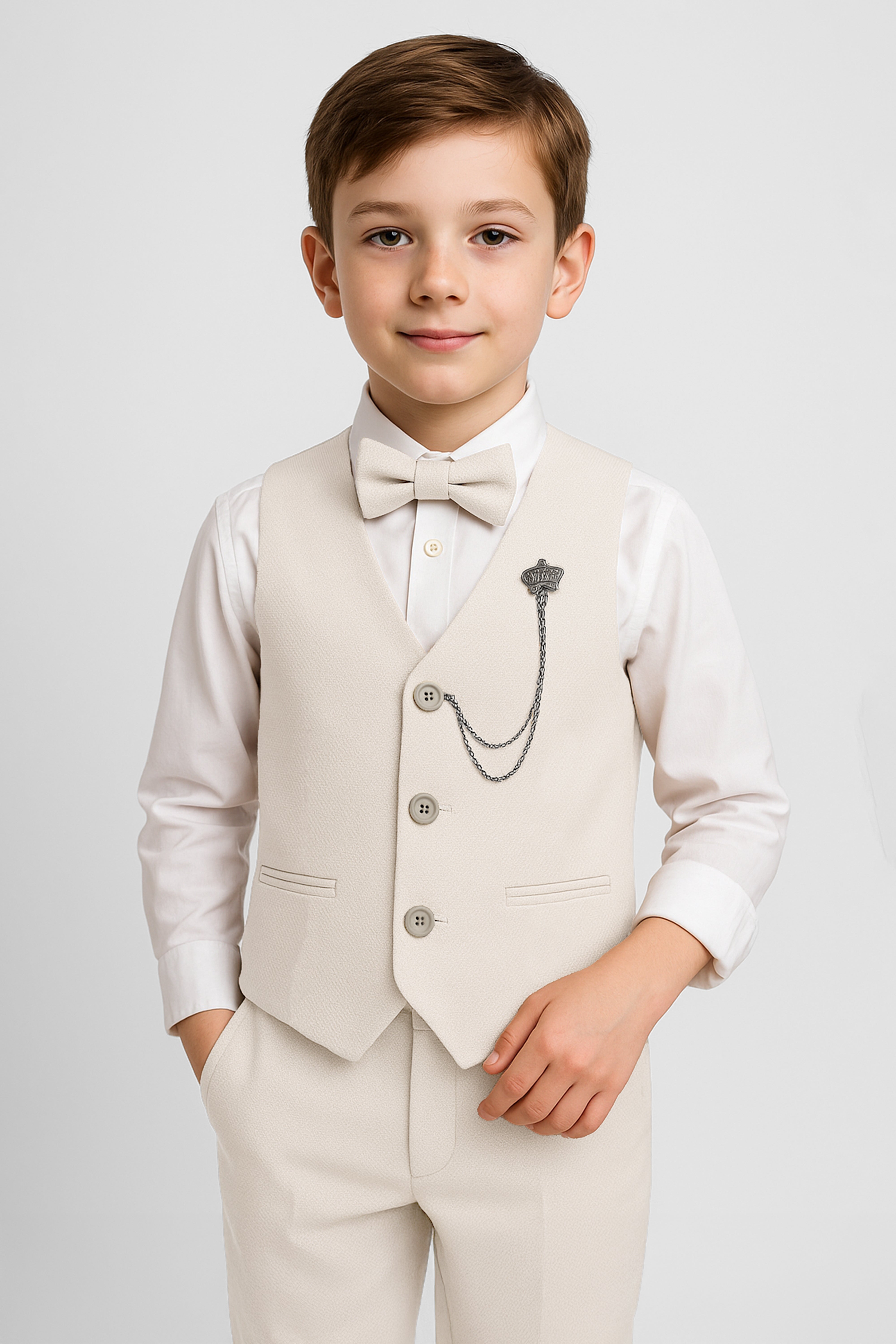 Boys' Slim Fit Textured Waistcoat Suit Set, Formal Outfit - Beige Front Picture