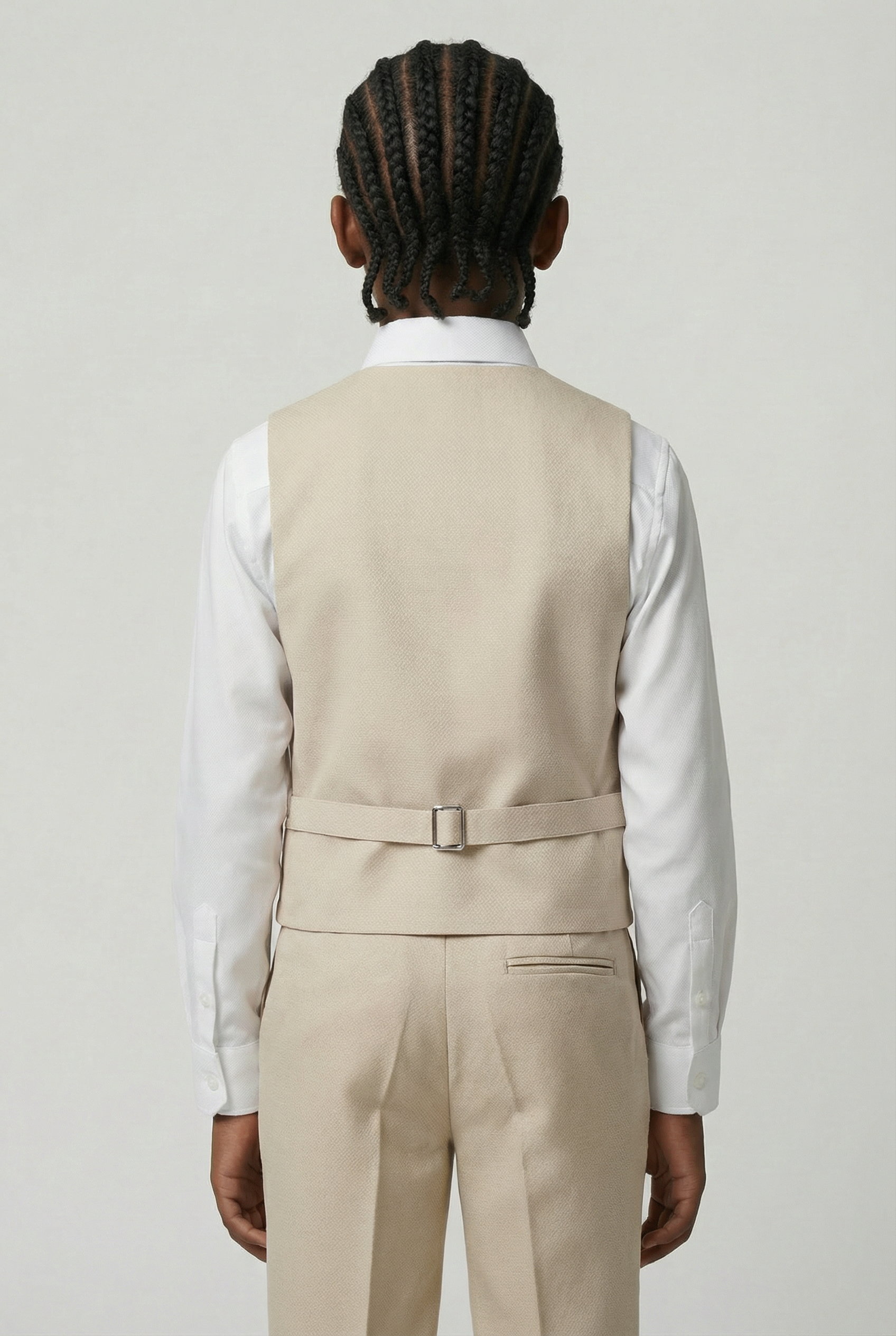 Boys' Slim Fit Textured Waistcoat Suit Set, Formal Outfit - Beige Back Picture