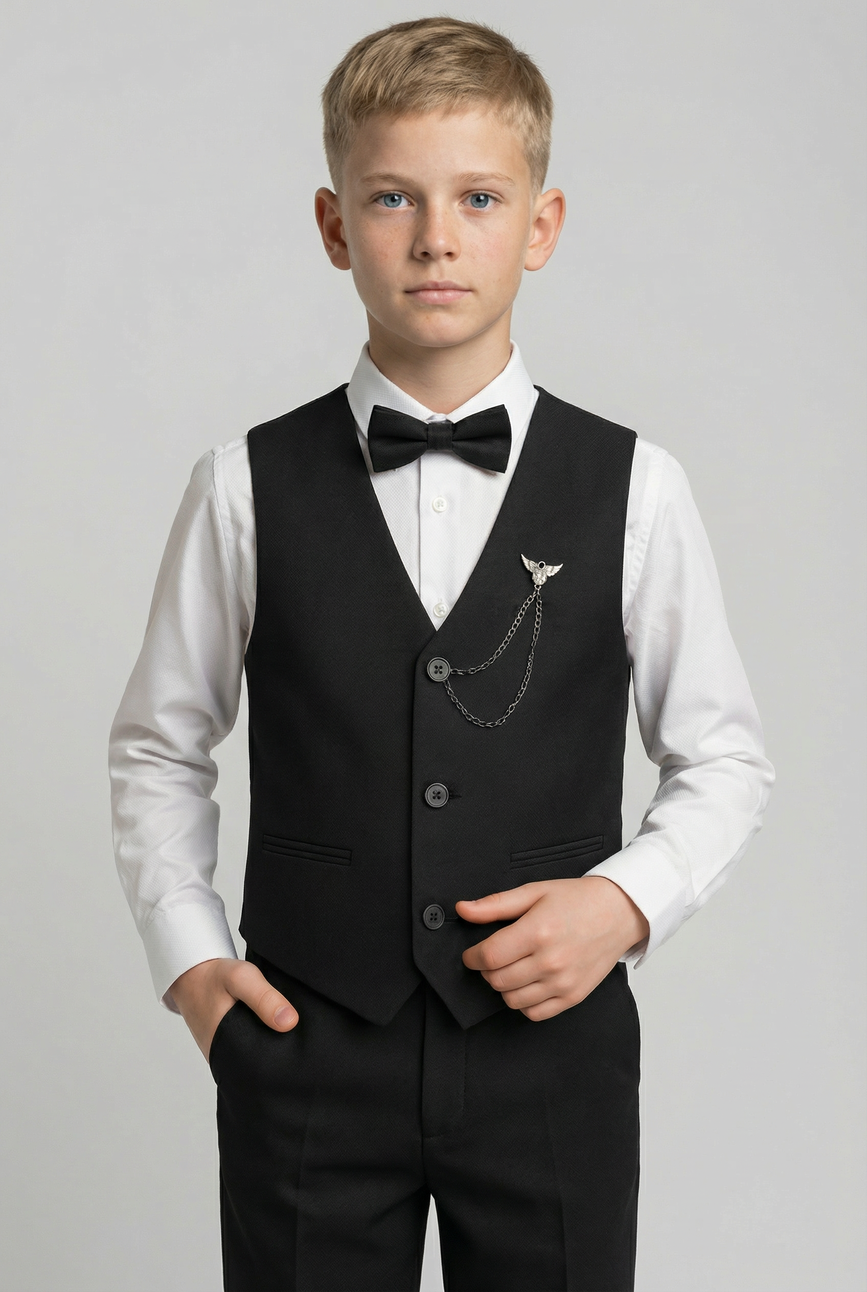 Boys' Slim Fit Textured Waistcoat Suit Set, Formal Outfit - Black Model Picture