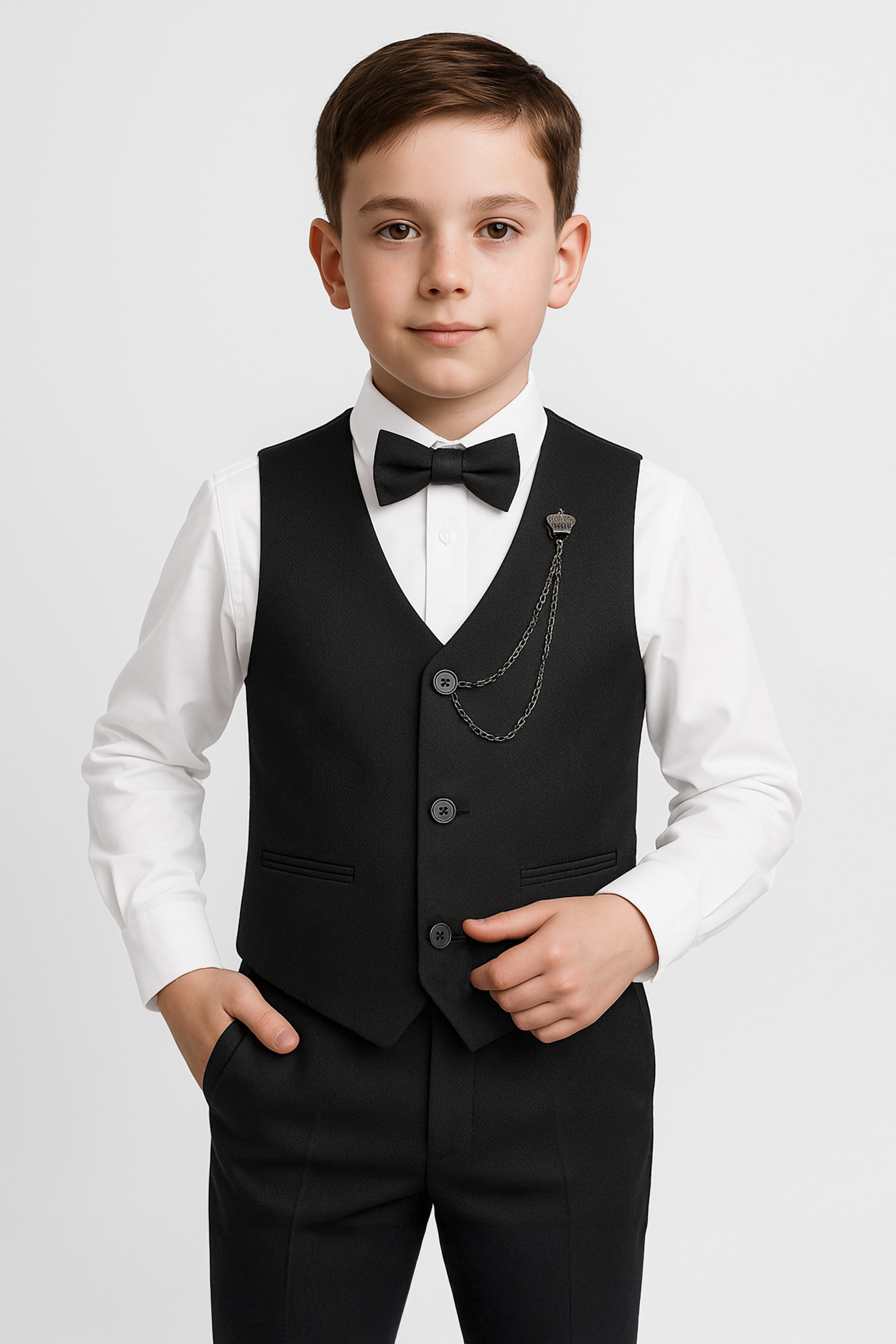 Boys' Slim Fit Textured Waistcoat Suit Set, Formal Outfit - Black Front Picture