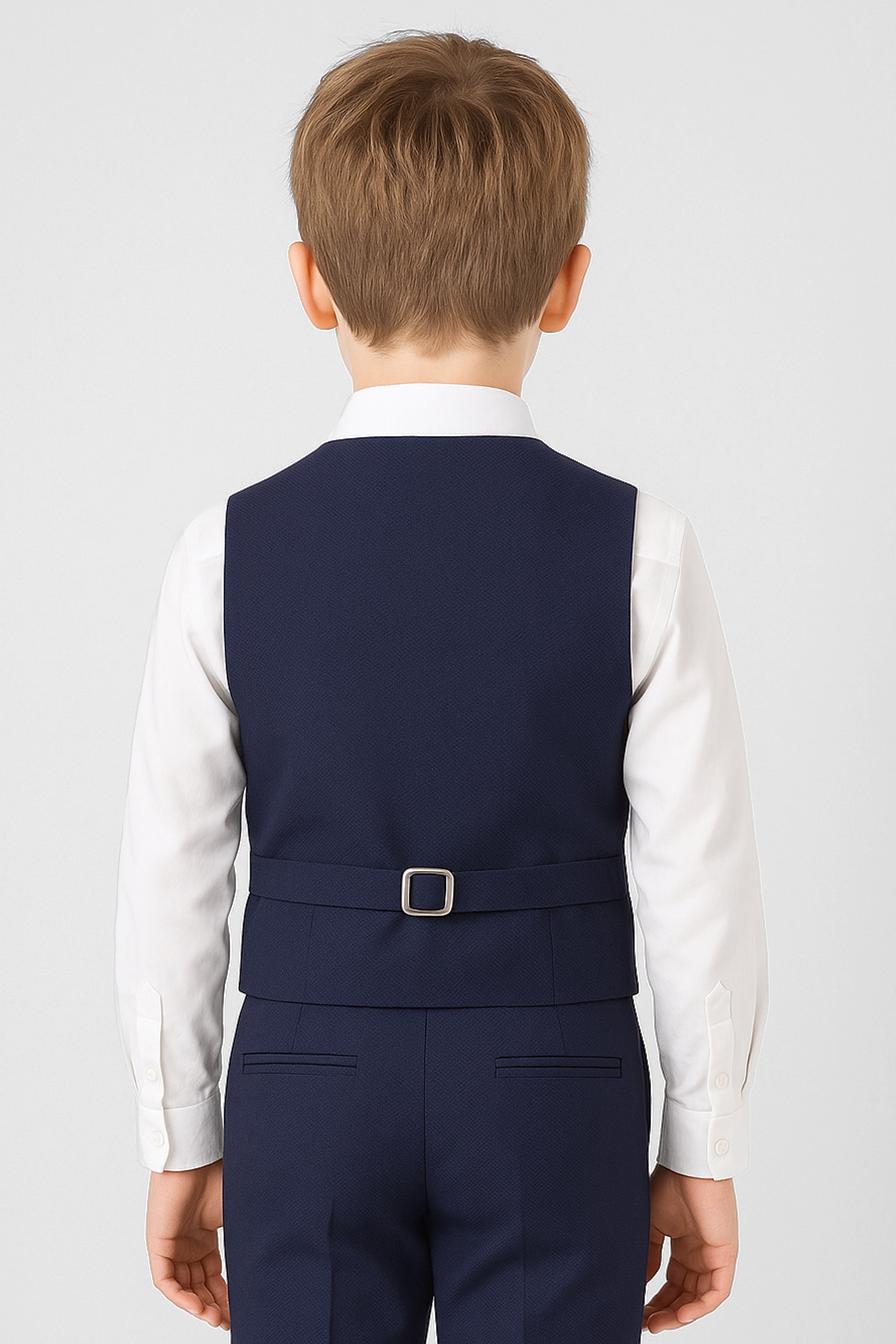 Boys' Slim Fit Textured Waistcoat Suit Set, Formal Outfit - Navy Blue Back Picture