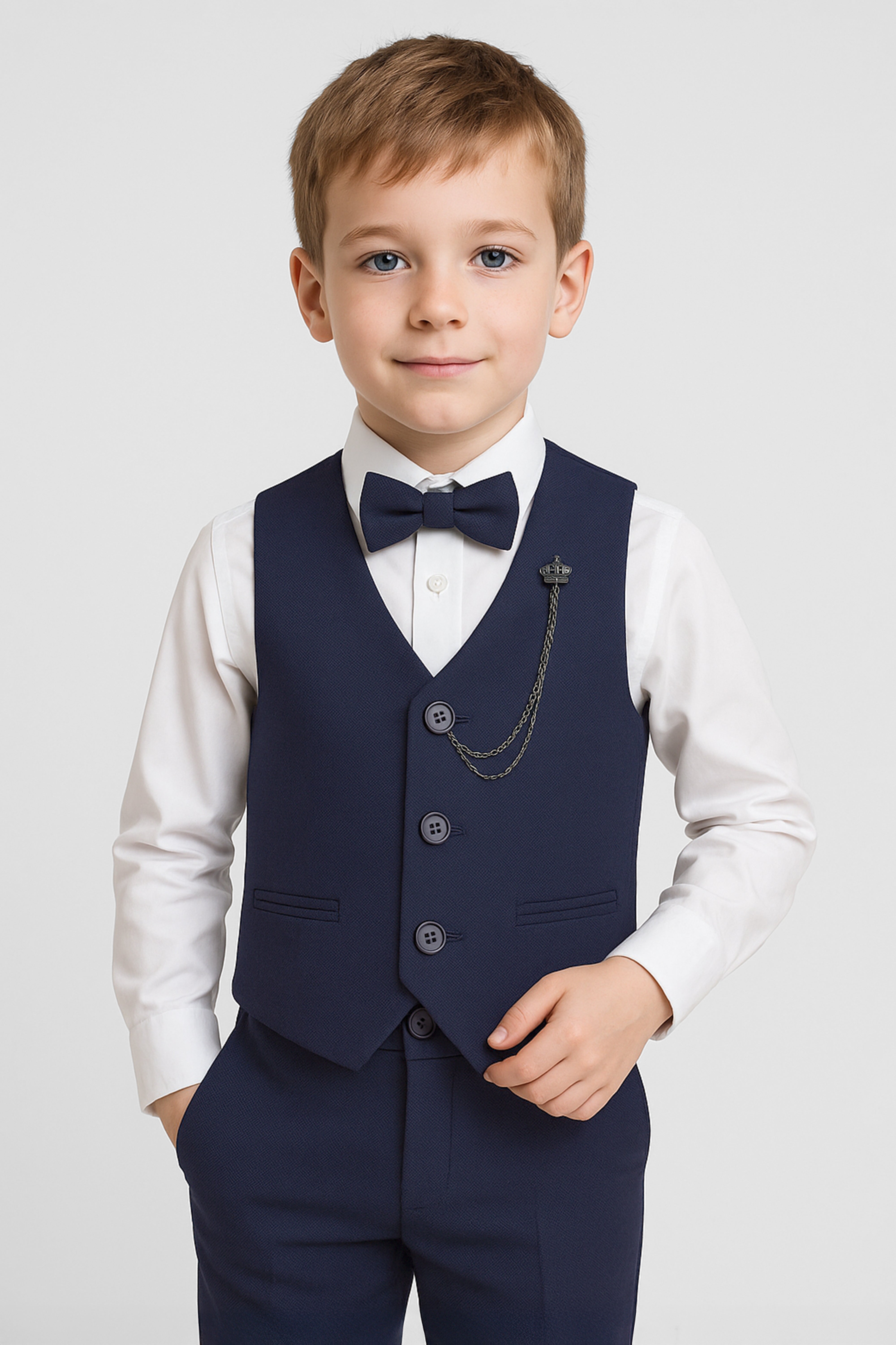 Boys' Slim Fit Textured Waistcoat Suit Set, Formal Outfit - Navy Blue Front Picture