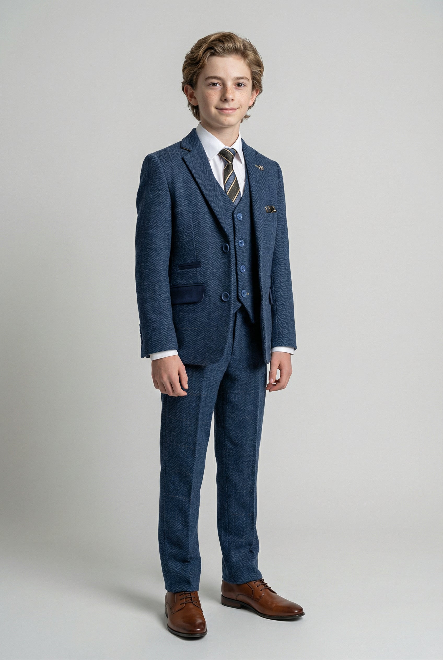 Boys Slim Fit Wool Blend Herringbone Tweed Blue Suit - CARNEGI - Navy Blue