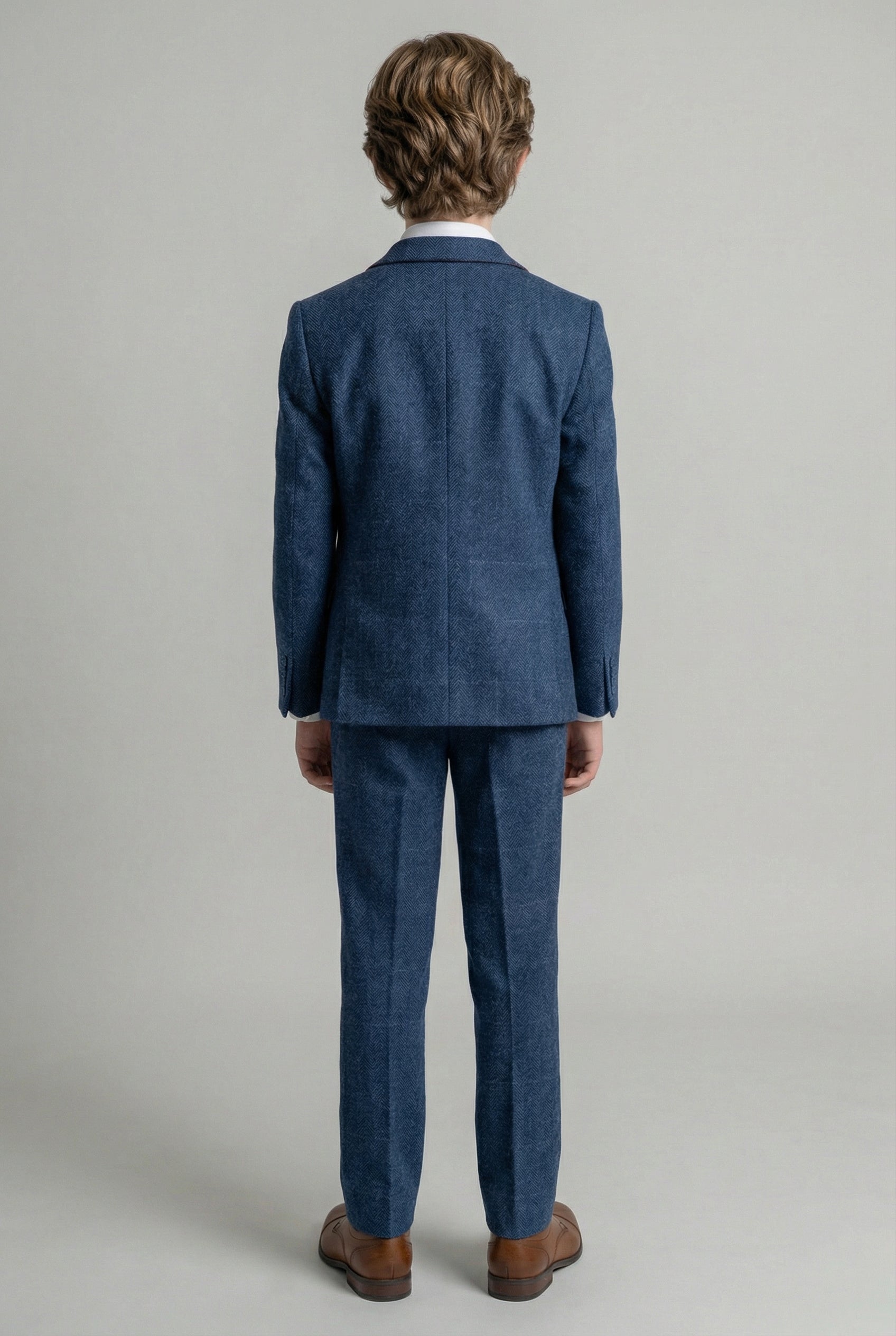 Boys Slim Fit Wool Blend Herringbone Tweed Blue Suit - CARNEGI - Navy Blue