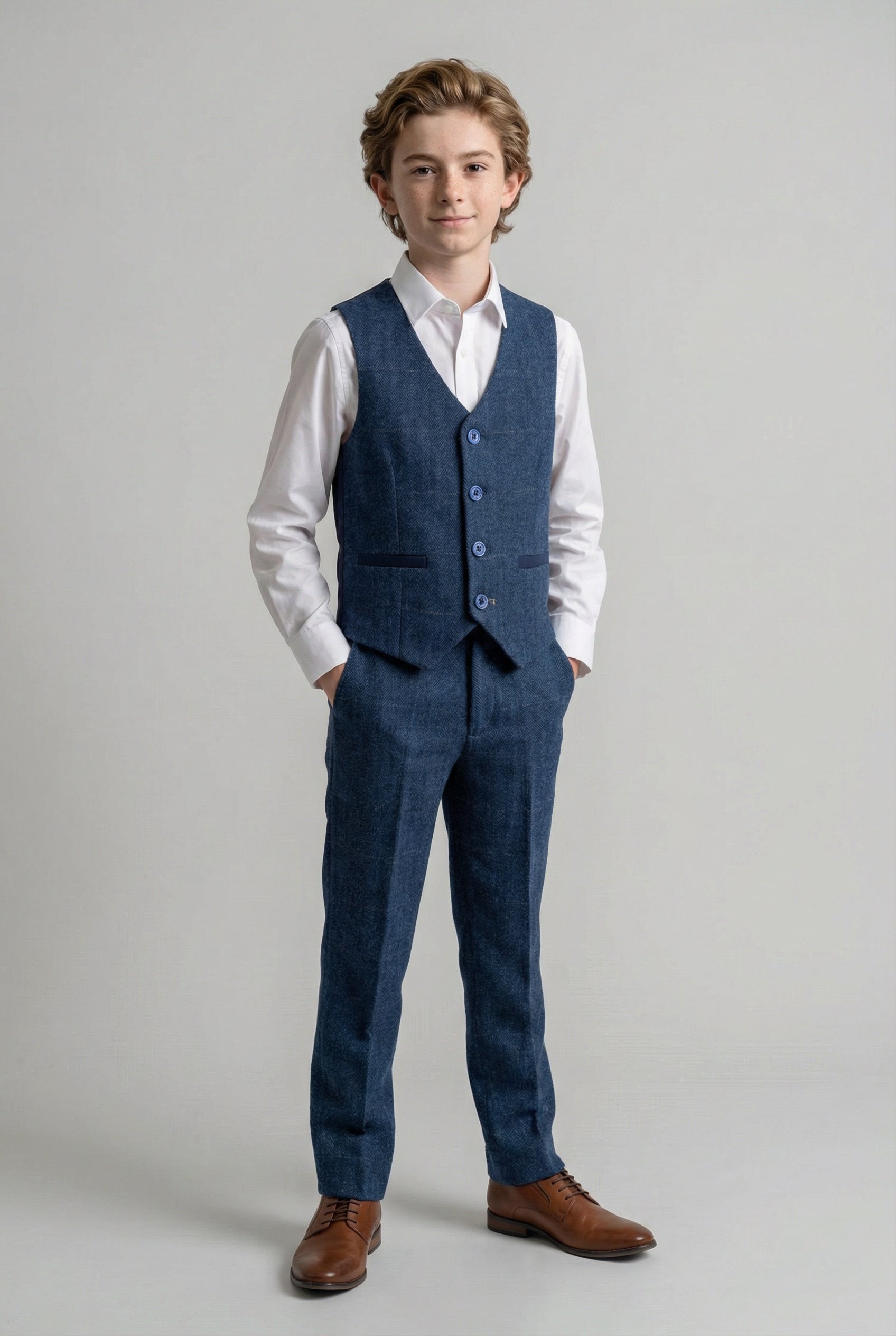Boys Slim Fit Wool Blend Herringbone Tweed Blue Suit - CARNEGI - Navy Blue