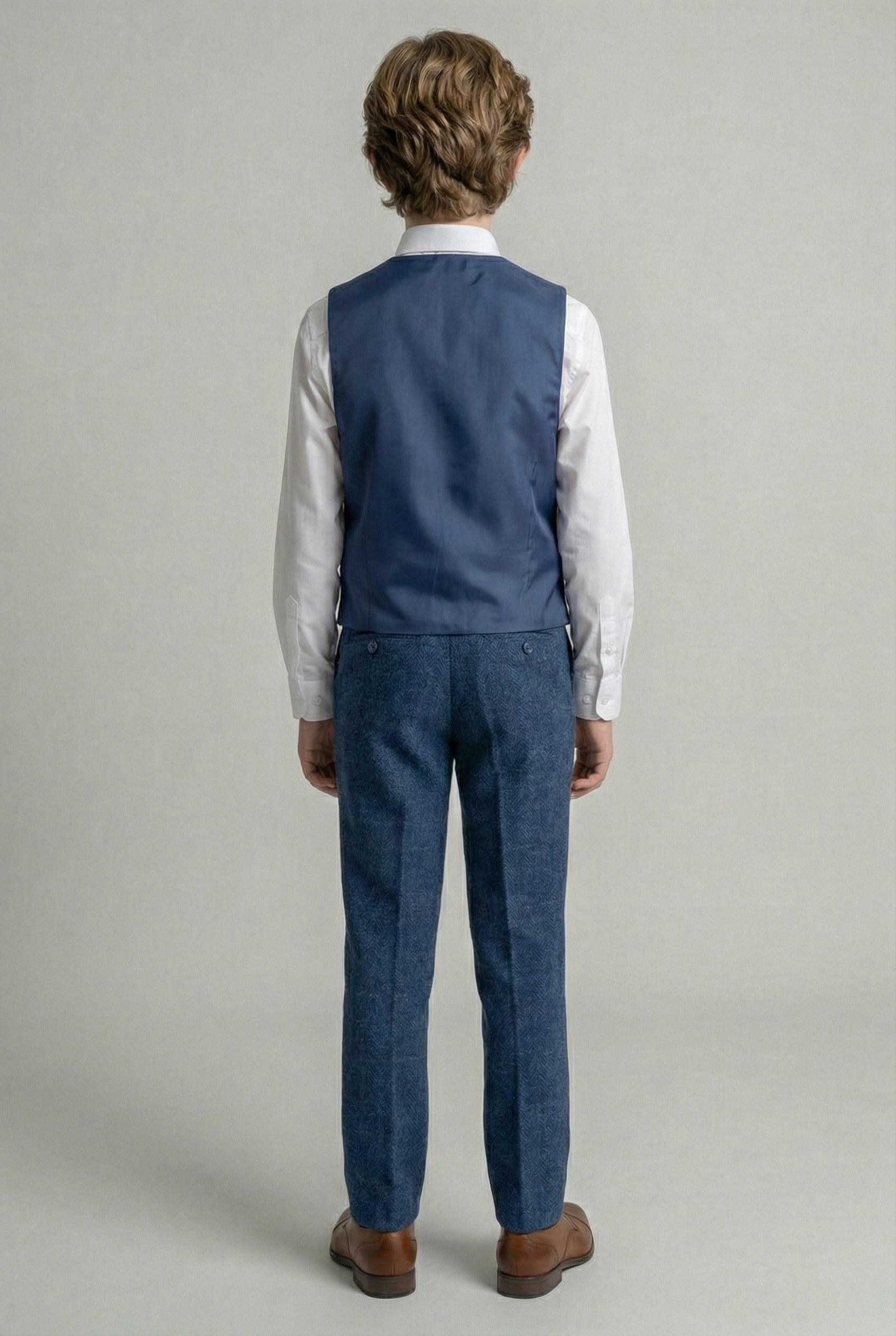 Boys Slim Fit Wool Blend Herringbone Tweed Blue Suit - CARNEGI - Navy Blue
