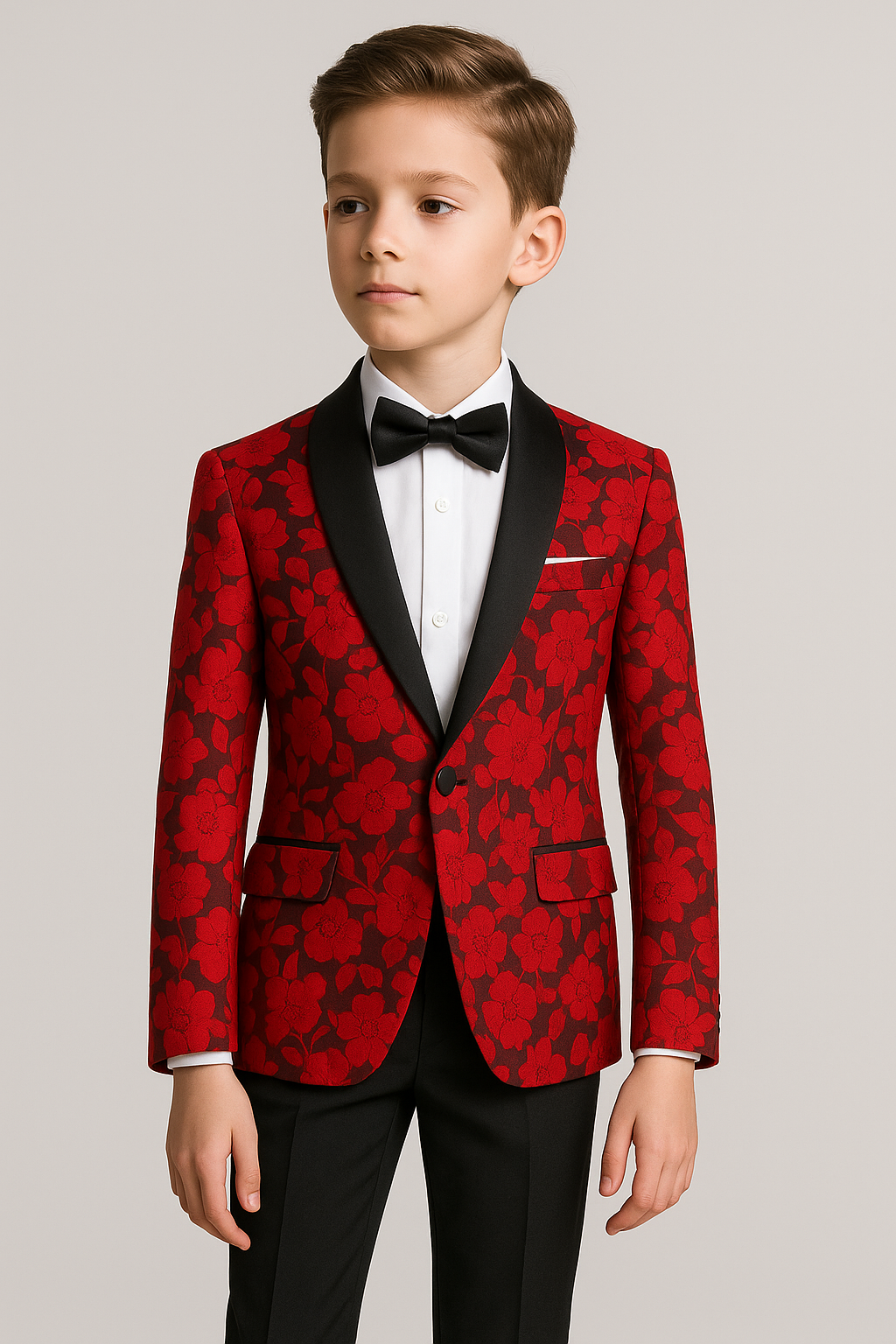 Costume de Smoking à Motifs Floraux Tailored Fit pour Garçons - Rouge - Noir