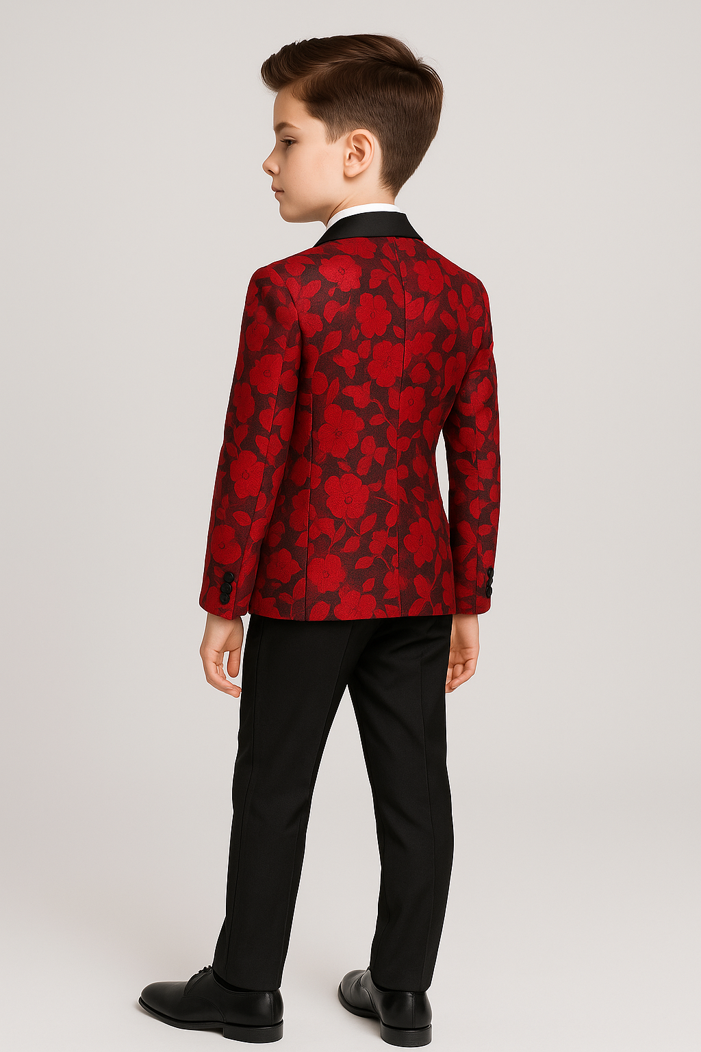 Costume de Smoking à Motifs Floraux Tailored Fit pour Garçons - Rouge - Noir