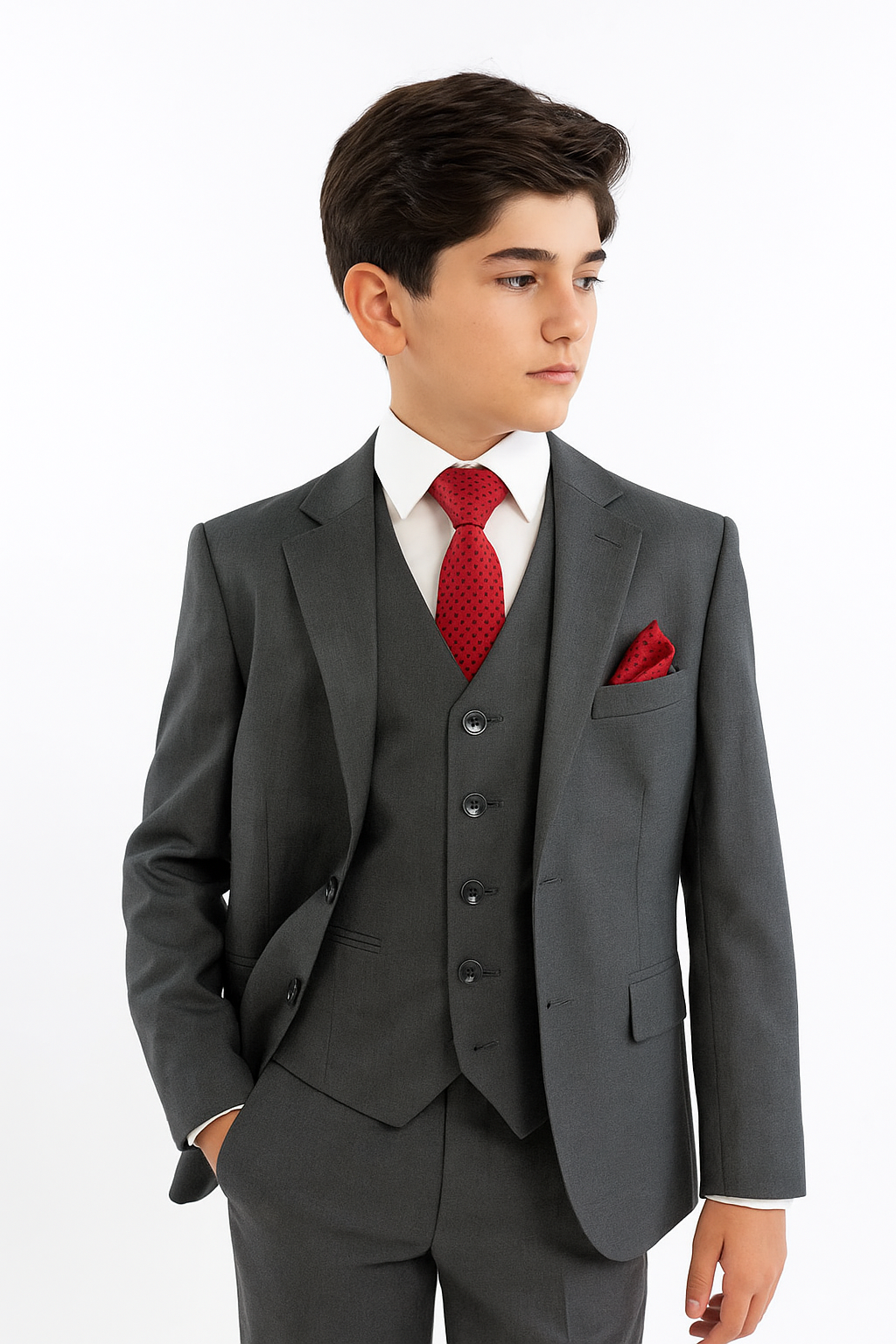 Boys Tailored Fit Formal Suit - AIDEN - Grey Model Picture