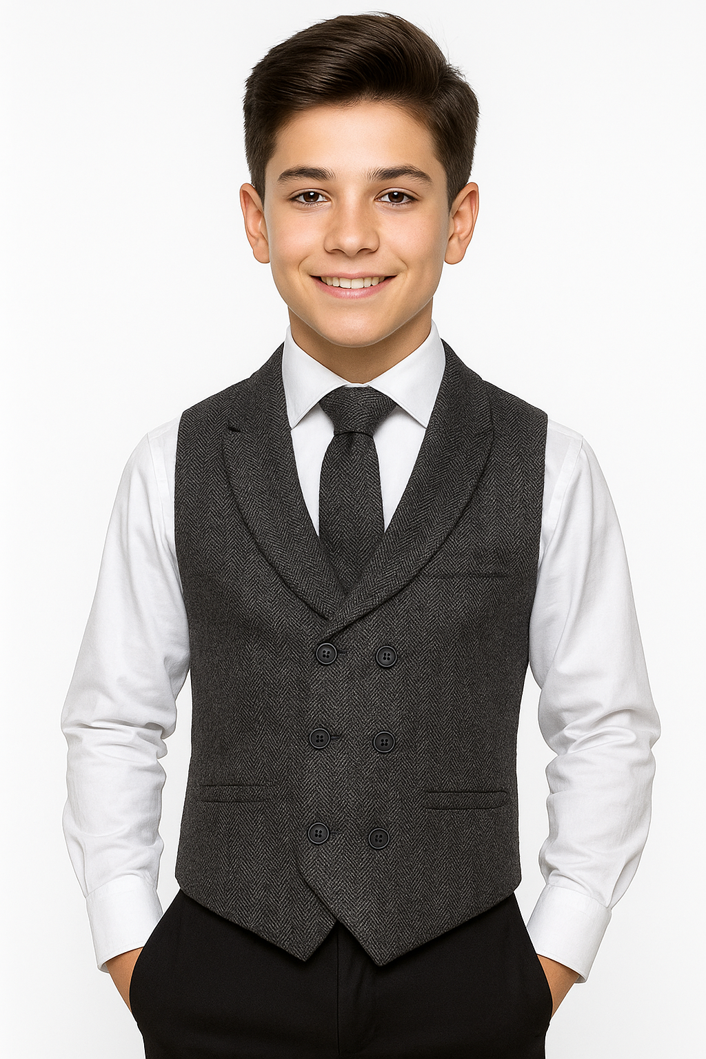 Tailored Fit Fischgräten-Tweedwesten-Set für Jungen - Anthrazit