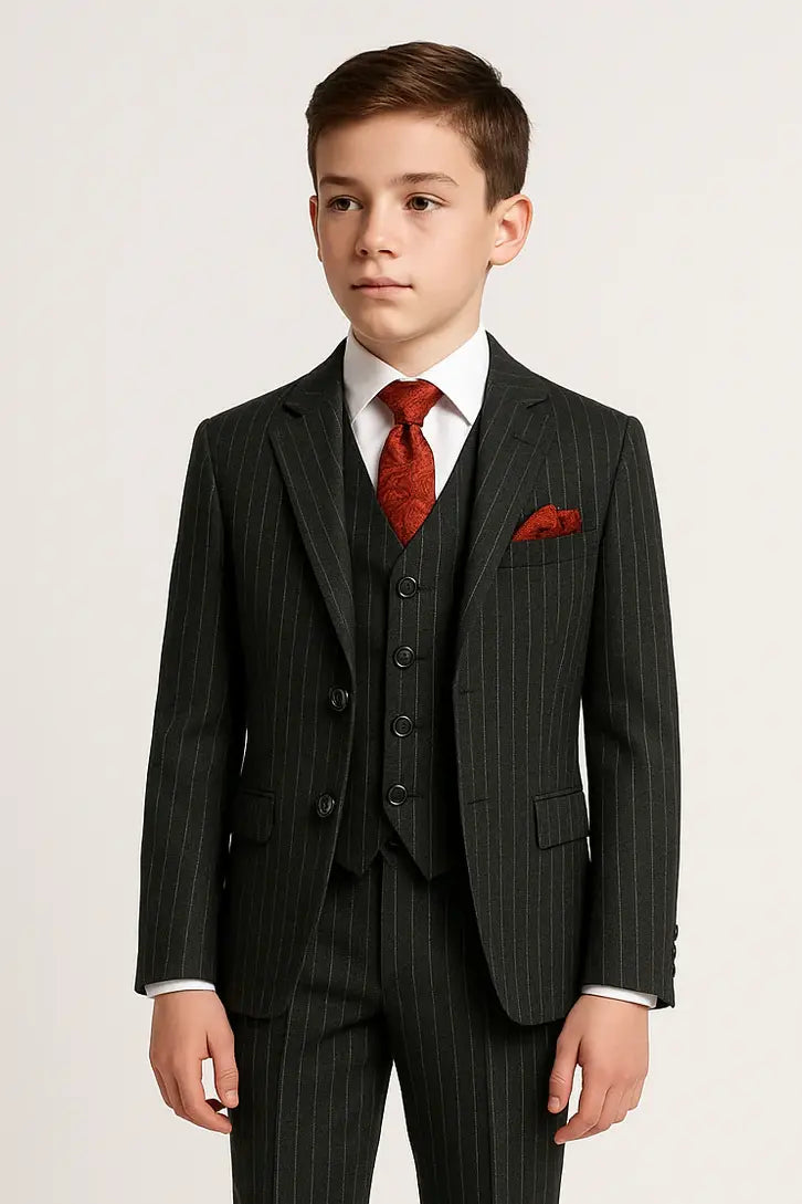 Boys Tailored Fit Pinstripe Dark Grey Suit Set - Dark Grey