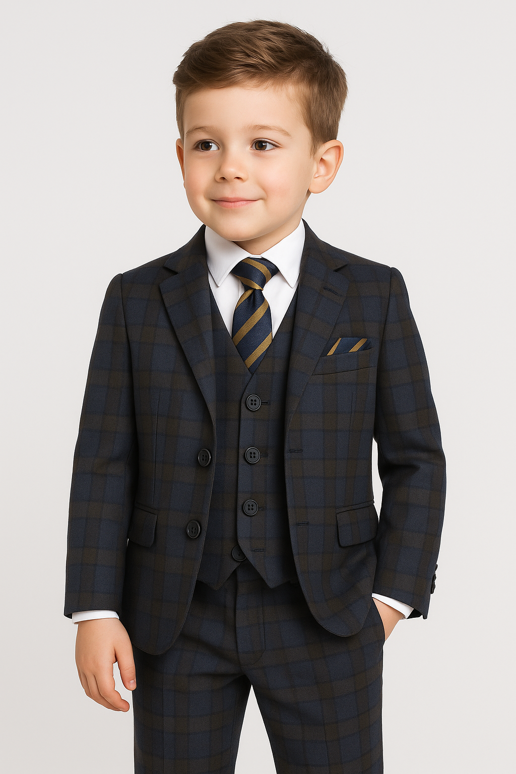 Costume à Carreaux Rétro Tailored Fit Bleu Marine pour Garçons - Bleu Marine - Marron