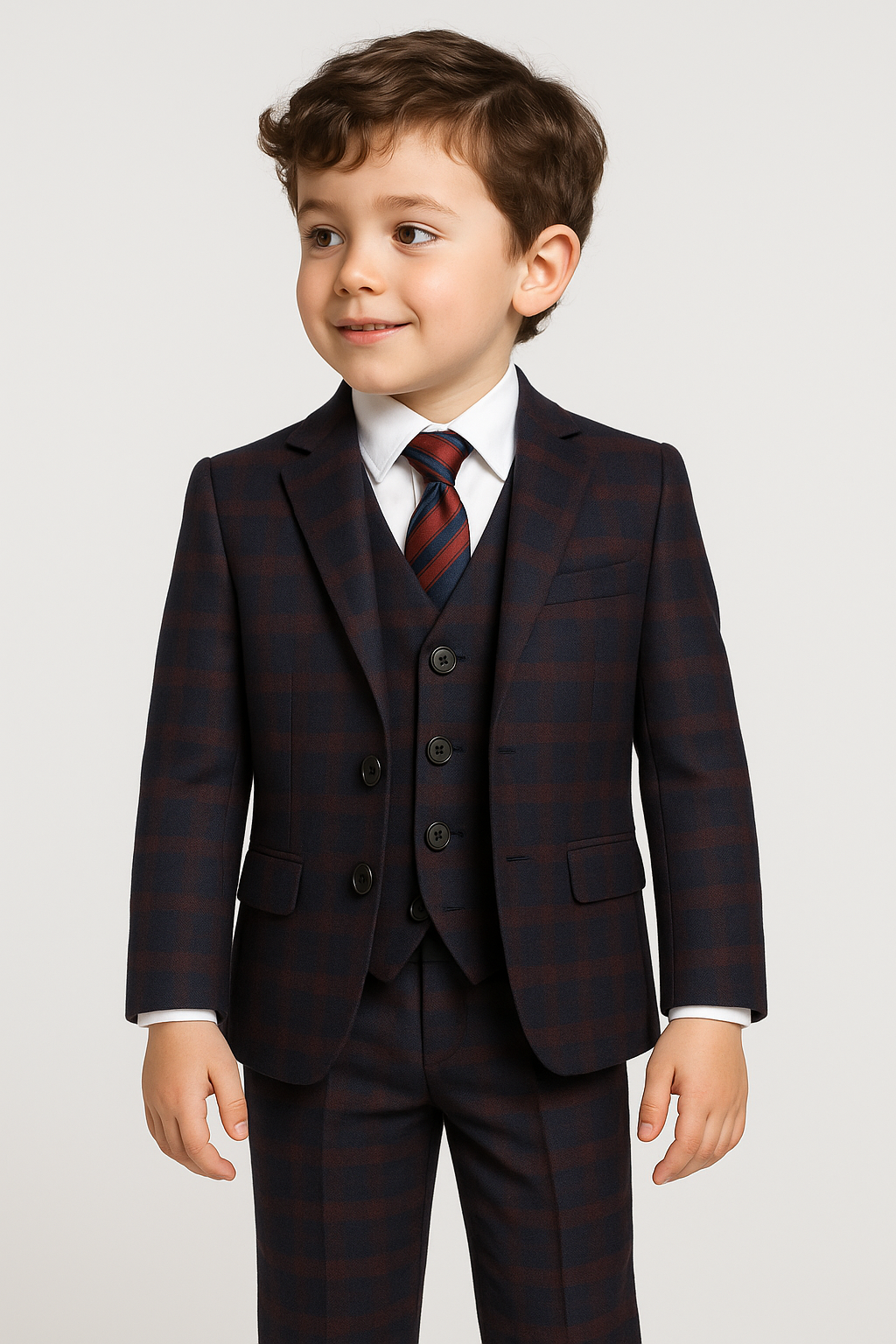 Boys Tailored Fit Retro Check Navy Suit - Navy Blue - Red
