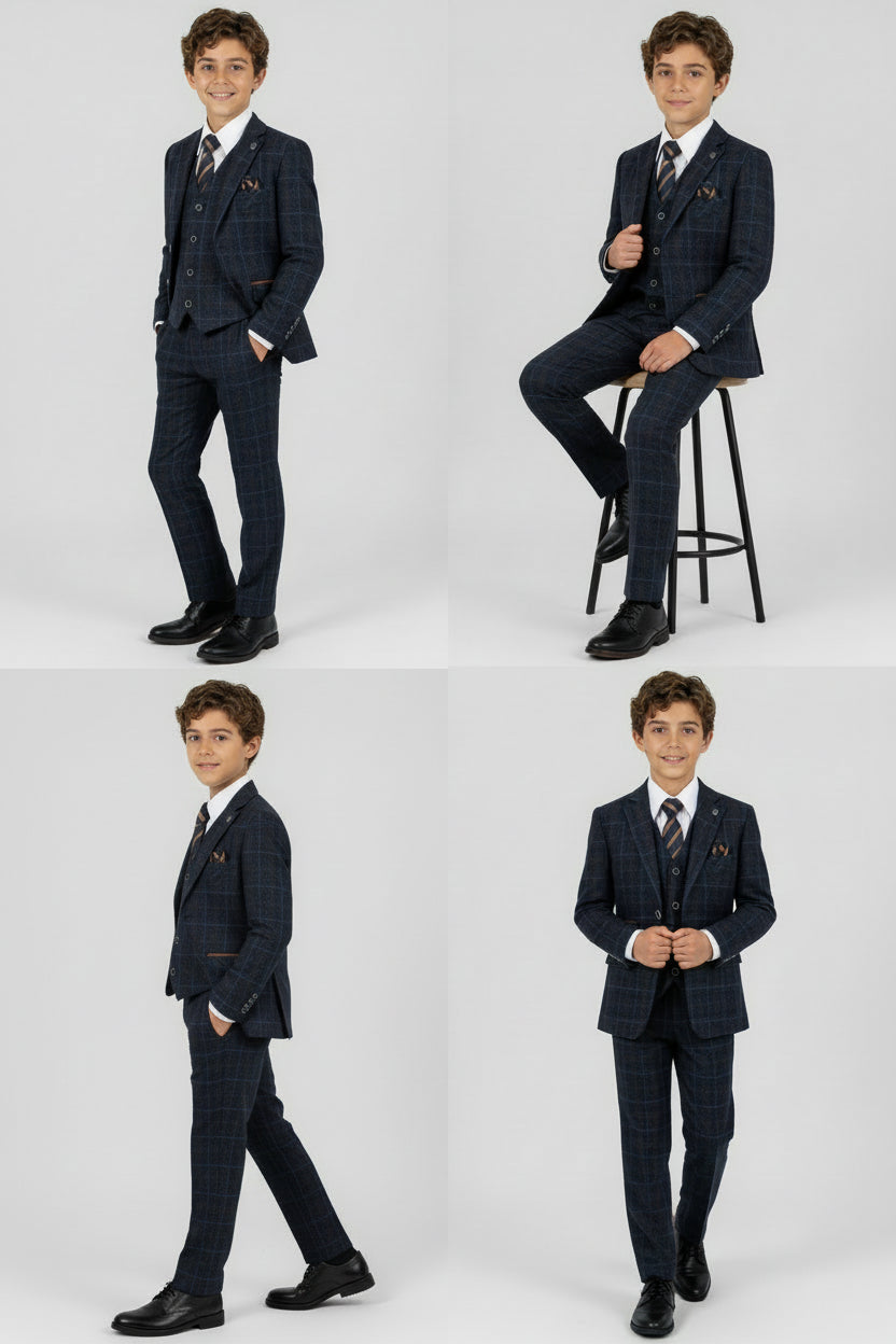 Jungen Maßgeschneiderter Retro Karoanzug - ANTHONY NAVY - Marineblau