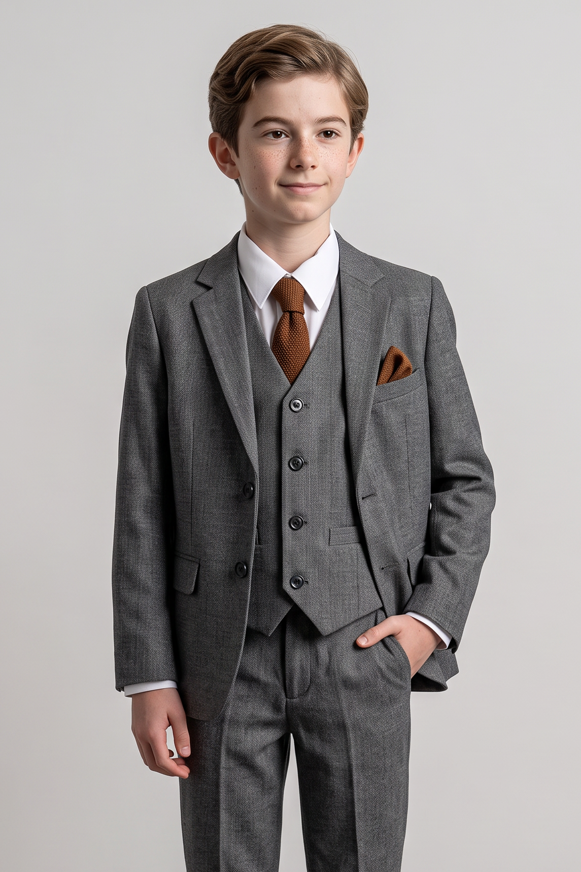 Boys Tailored Fit Suit Formal Wedding 6 Pieces Set in Grey