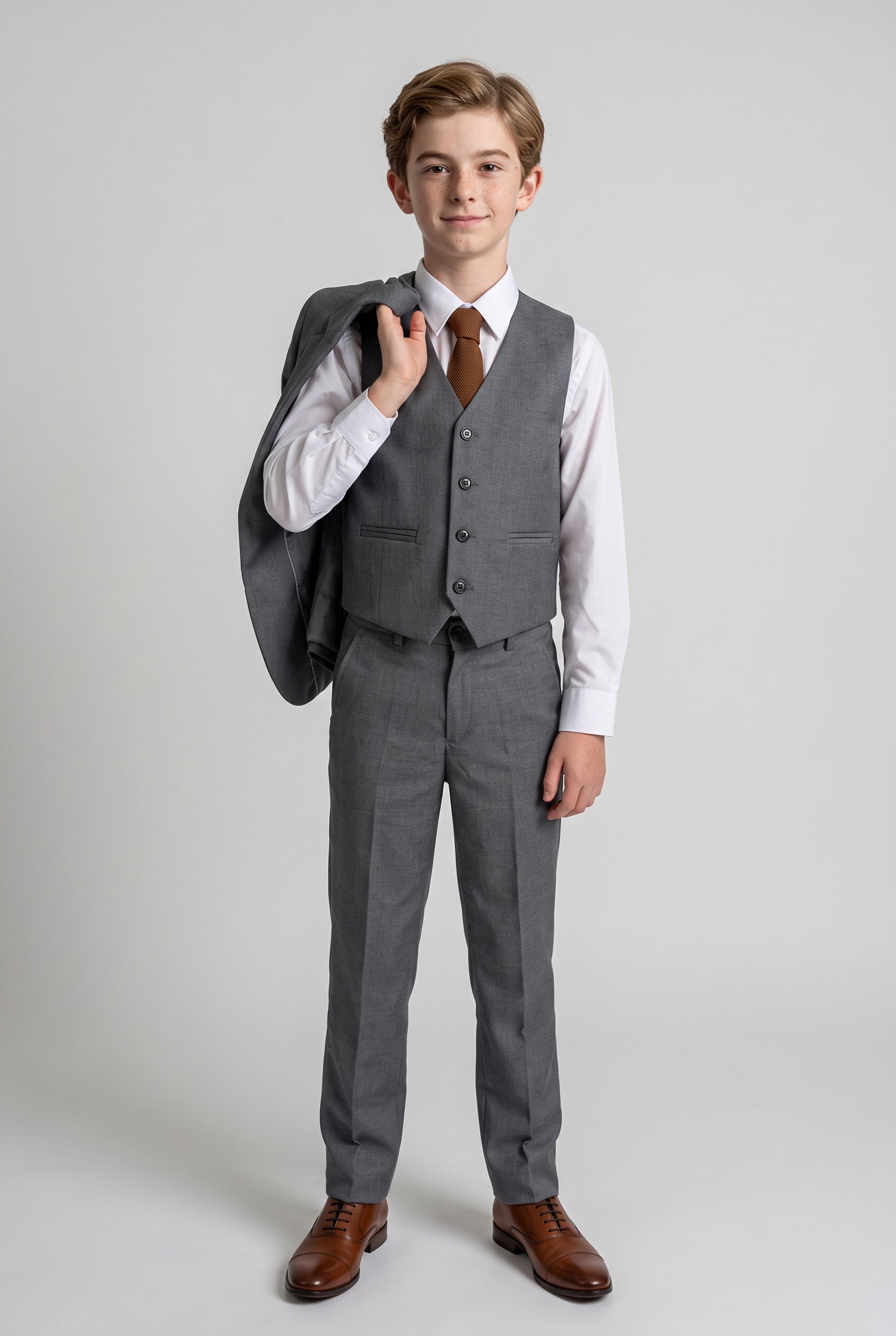 Boys Tailored Fit Suit Formal Wedding 6 Pieces Set in Grey