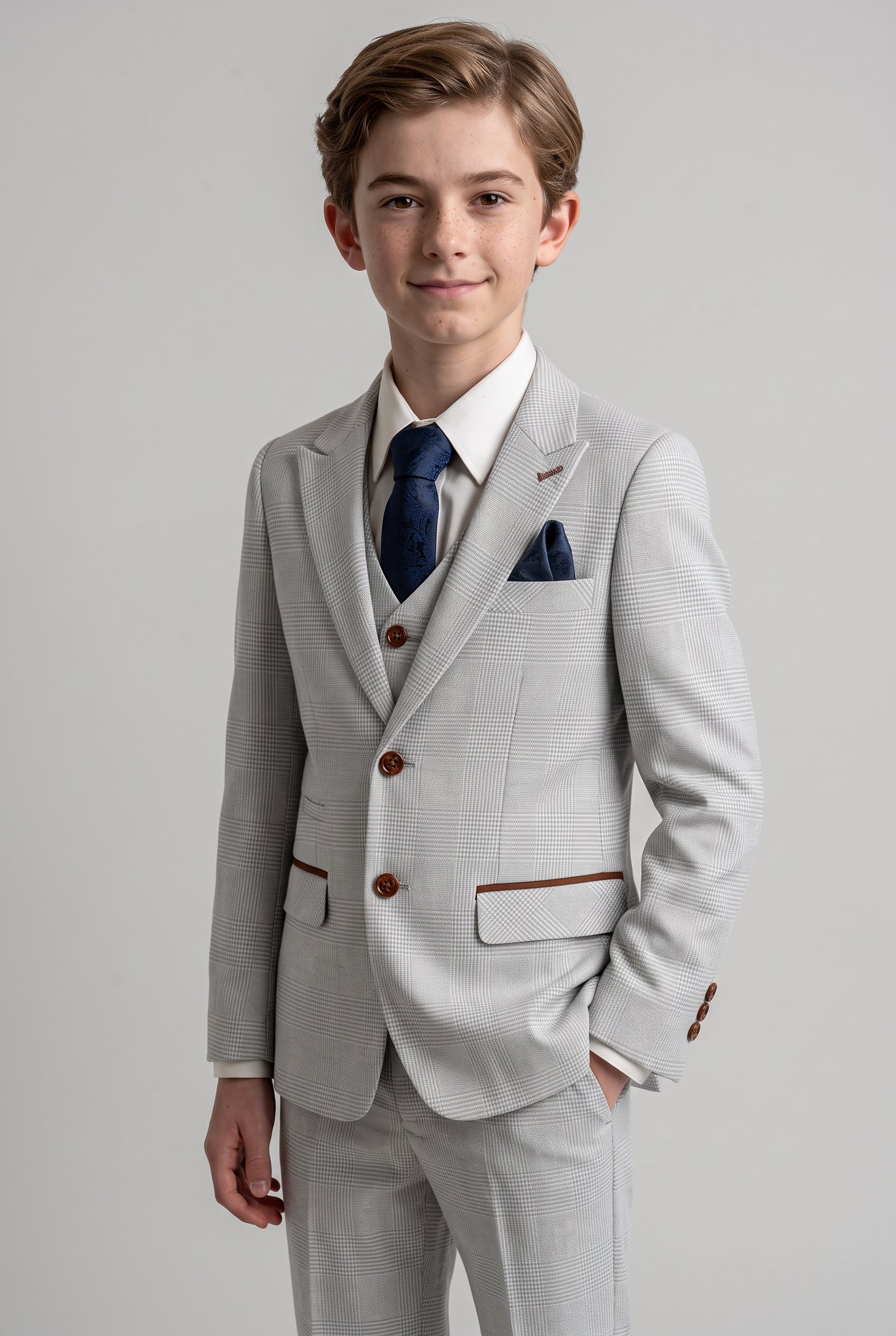 Abito da ragazzo su misura in tweed a quadri - MARK - Beige pietra