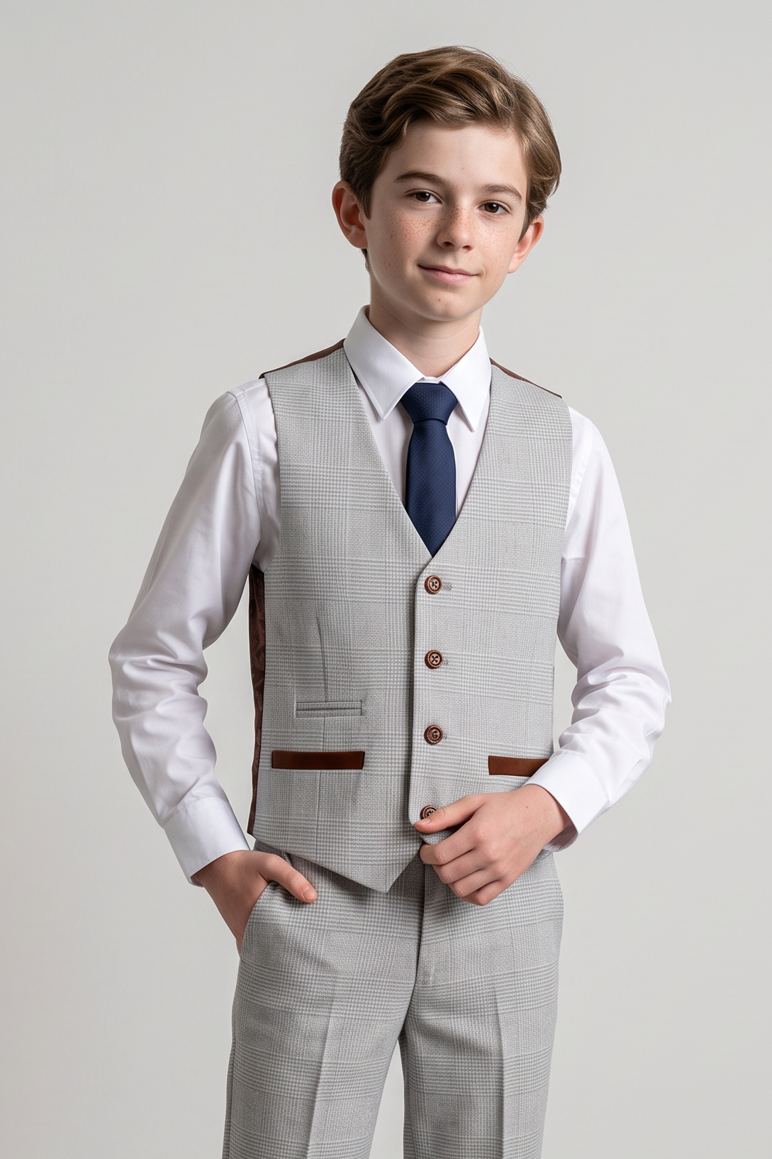 Abito da ragazzo su misura in tweed a quadri - MARK - Beige pietra