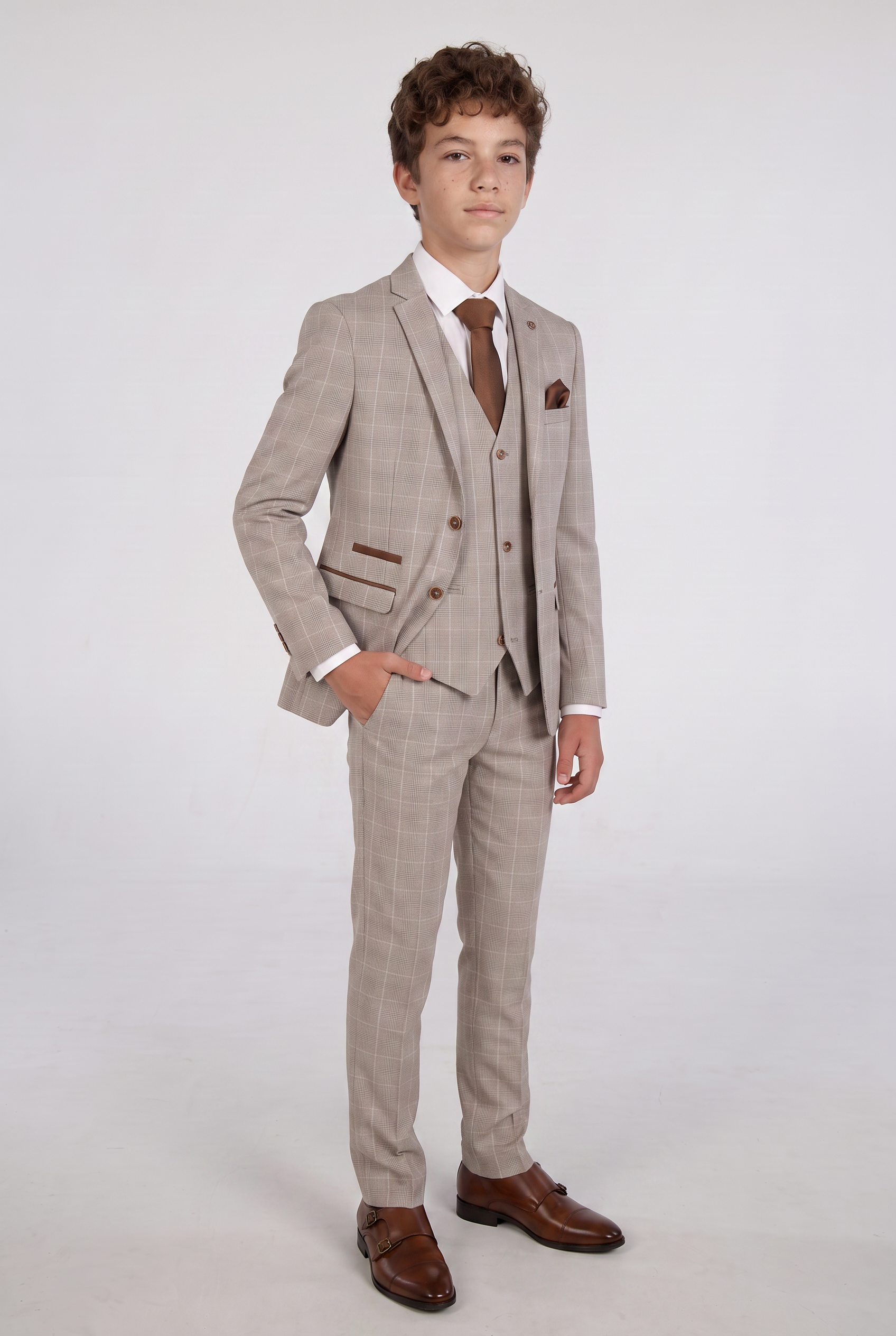 Jungen Maßgeschneiderter Tweed Karo Anzug – LEO - Beige