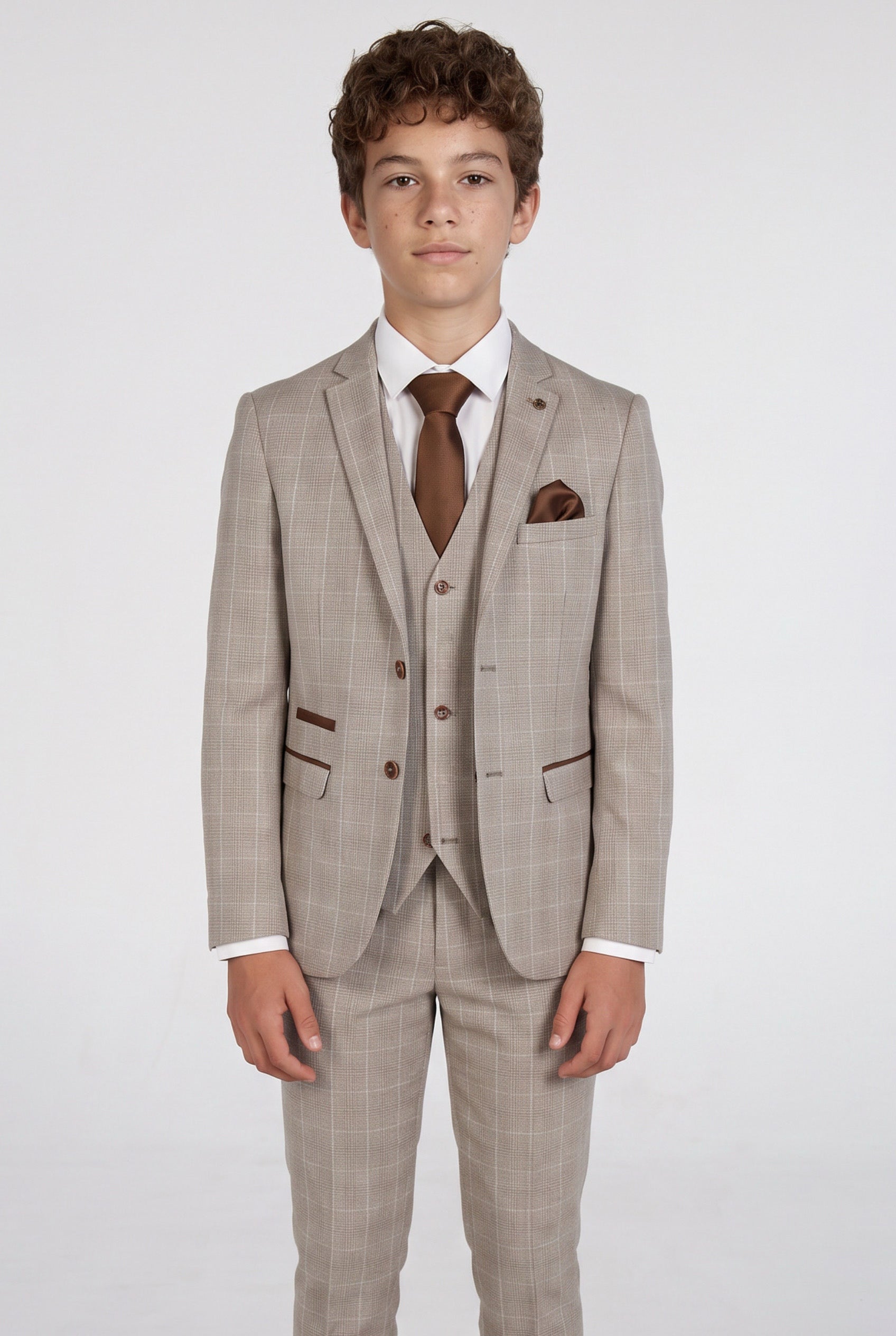 Jungen Maßgeschneiderter Tweed Karo Anzug – LEO - Beige
