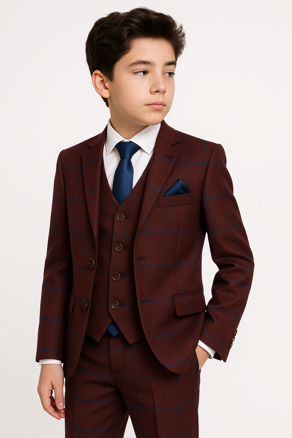 Costume à Carreaux Windowpane Tailored Fit pour Garçons - Bordeaux
