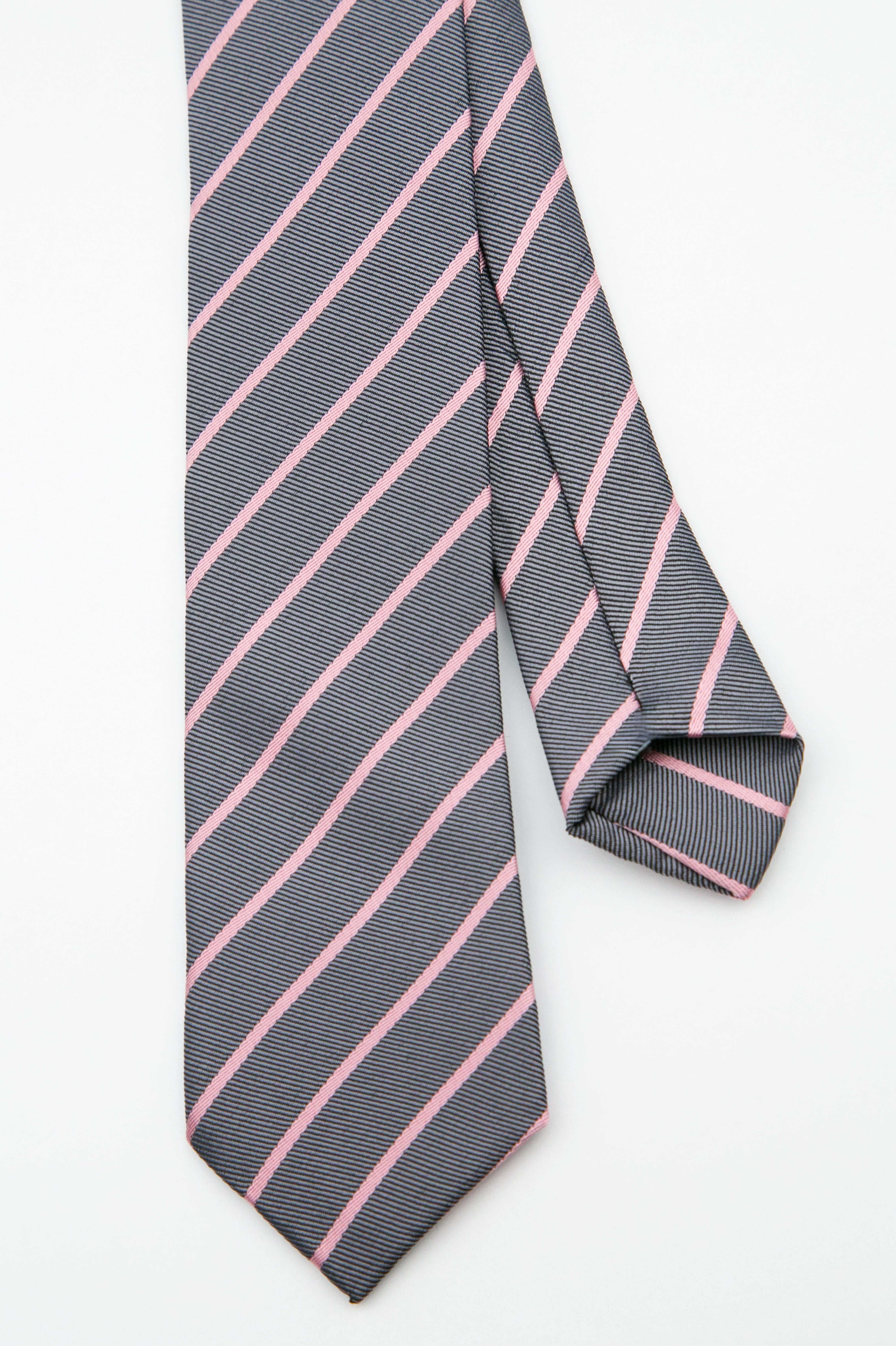 Boys’ Textured Striped Slim Tie & Pocket Square Set - Grey Front and Back Picture