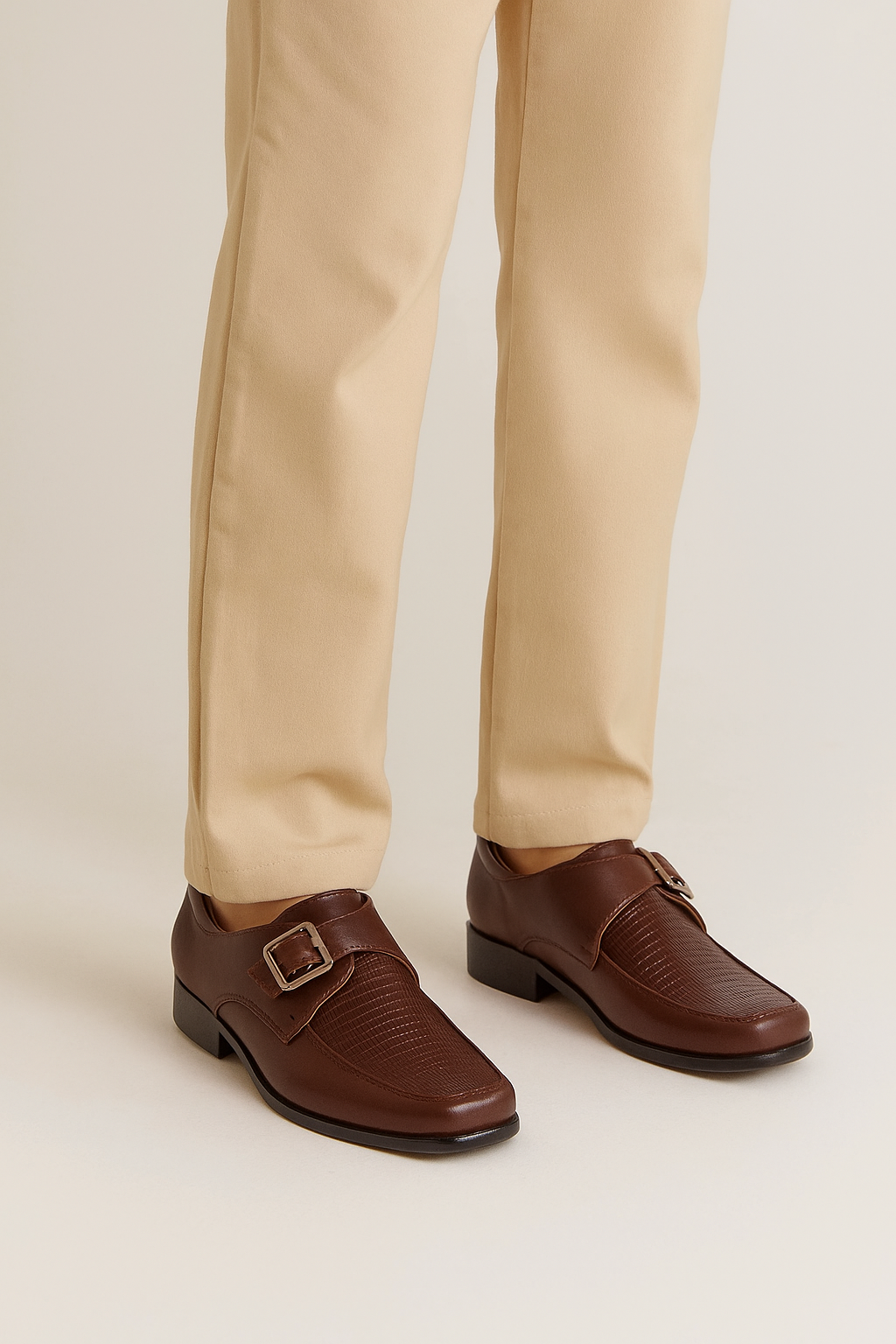 Boys Textured Leather Buckled Monk Shoes - Brown
