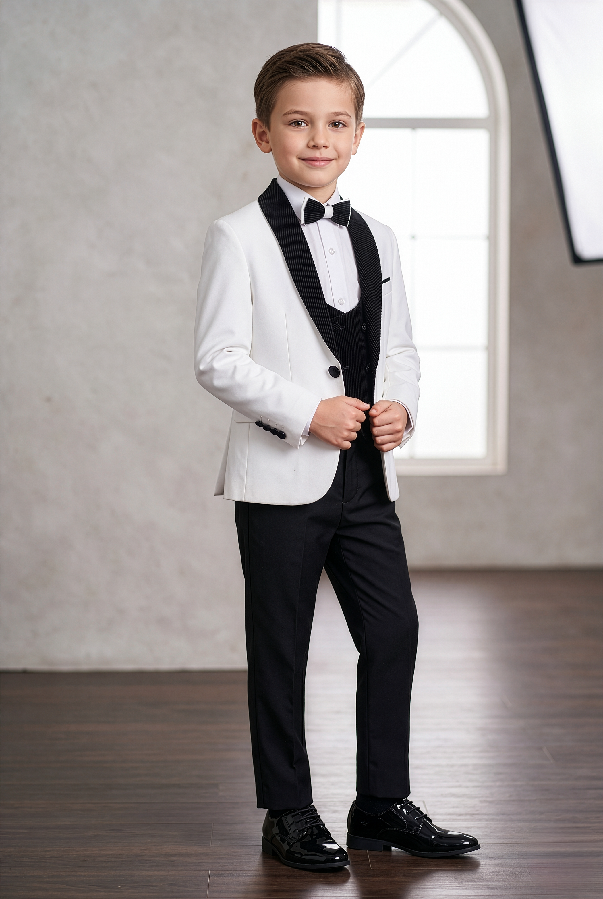Jungen Smokinganzug - Cord Samt Weste & Shawl Revers - Weiß - Schwarz