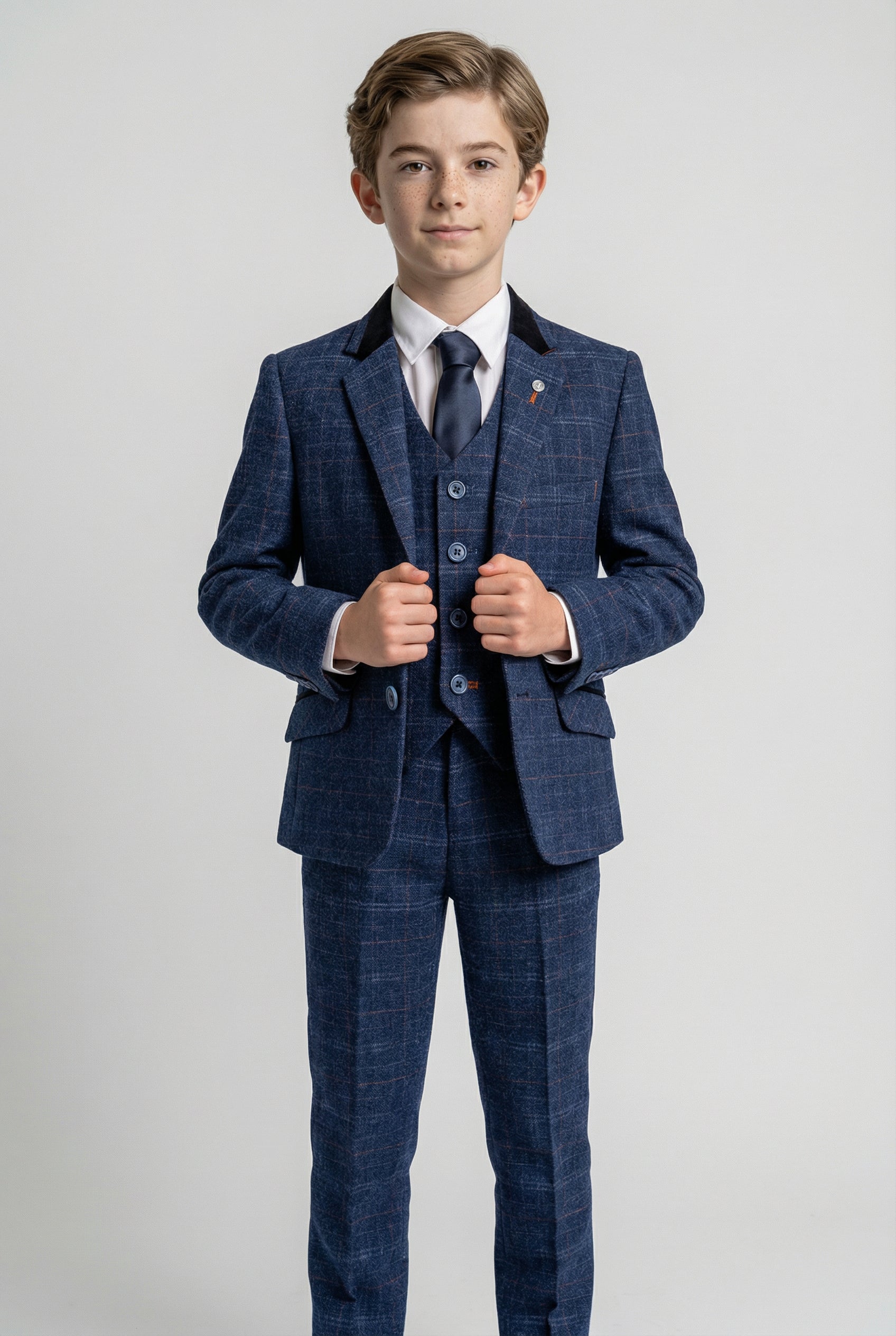 Boys Tweed Check Navy Slim Fit Suit - KAISER - Navy Blue