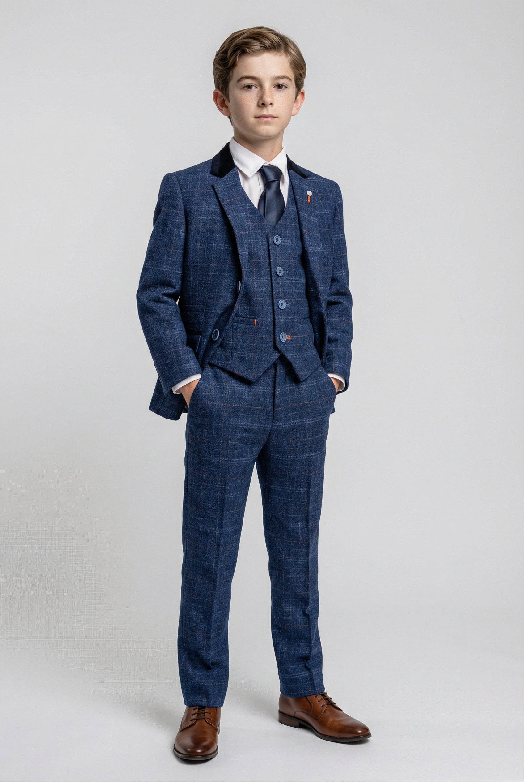 Boys Tweed Check Navy Slim Fit Suit - KAISER - Navy Blue