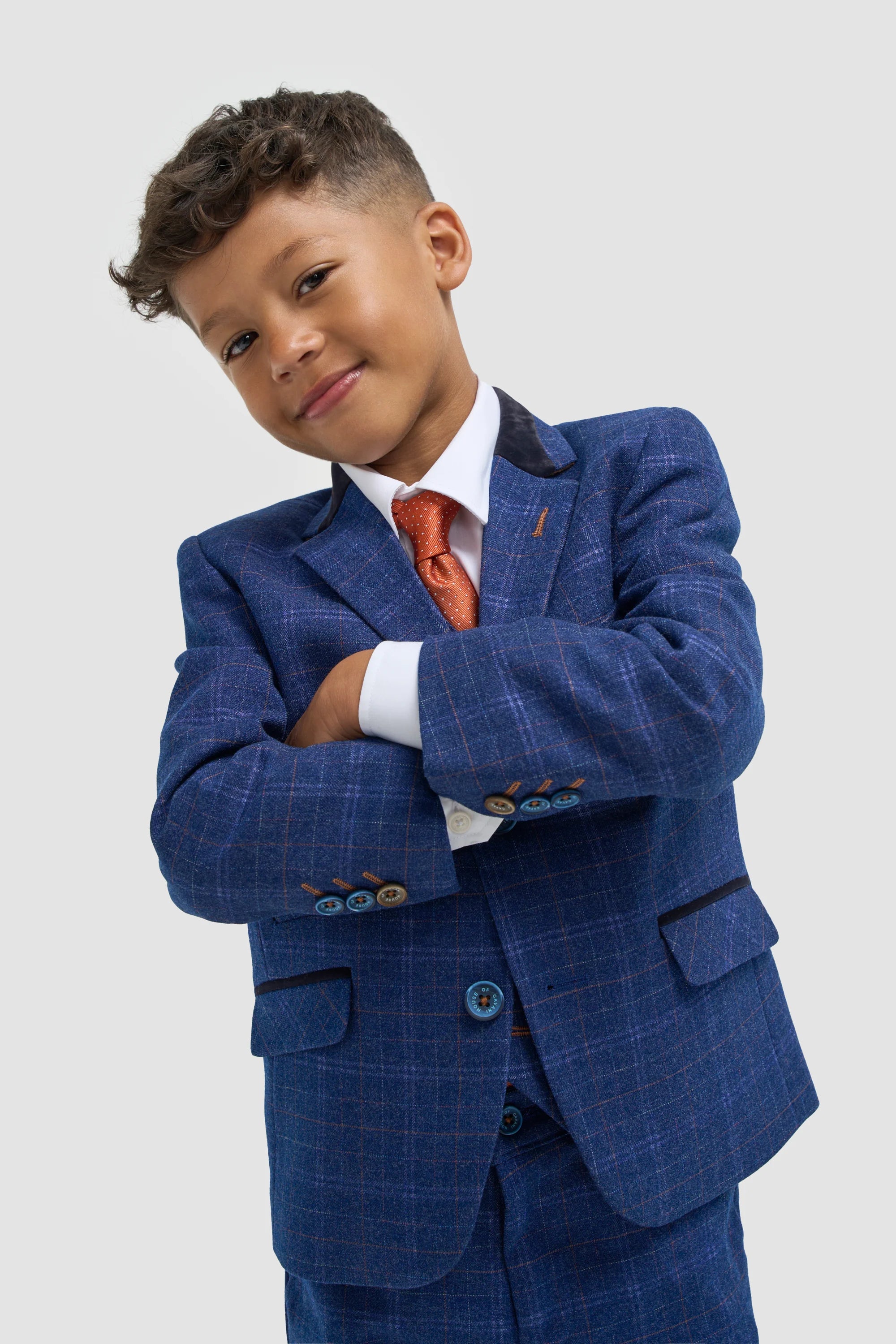 Abito da ragazzo in tweed a quadri blu navy slim fit - KAISER - Blu navy