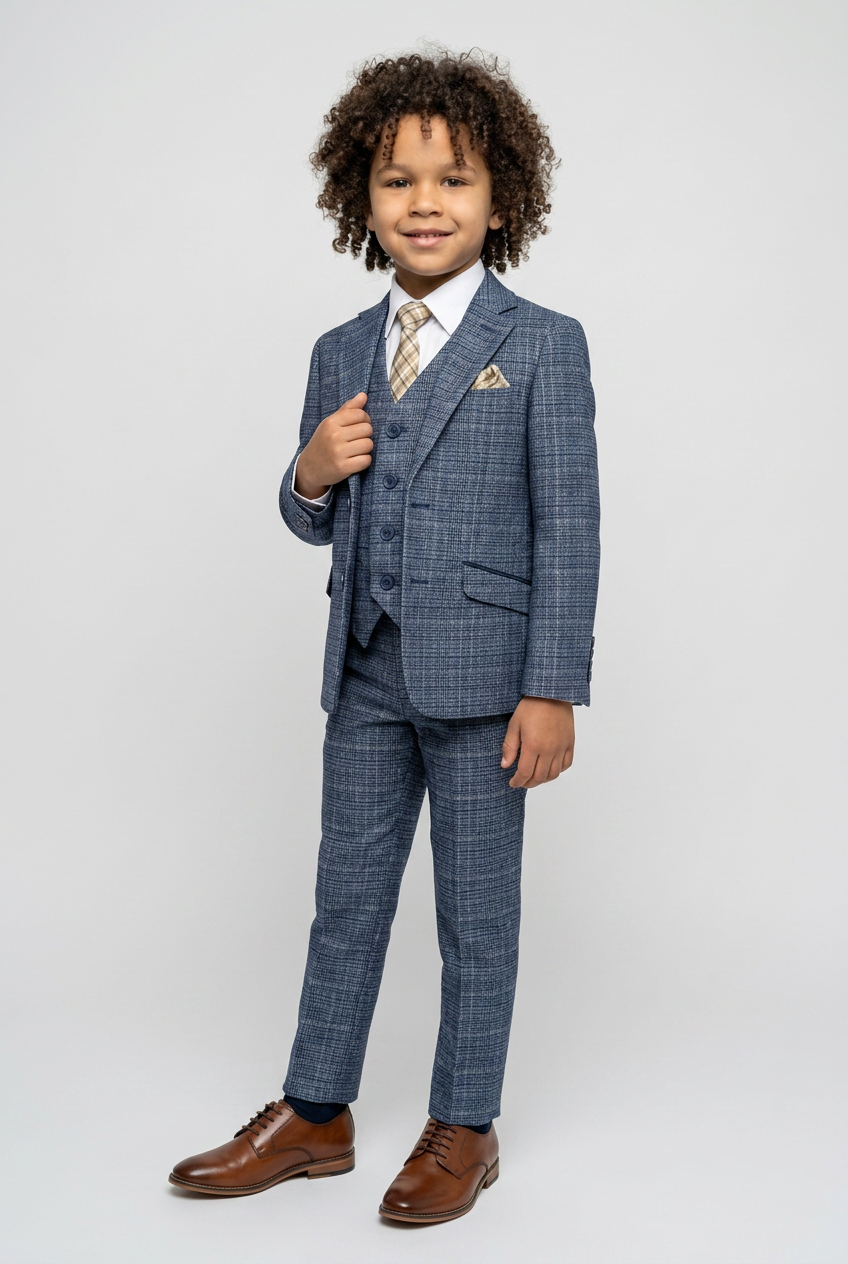 Ensemble costume garçon en tweed à carreaux bleu ciel - Bleu ciel