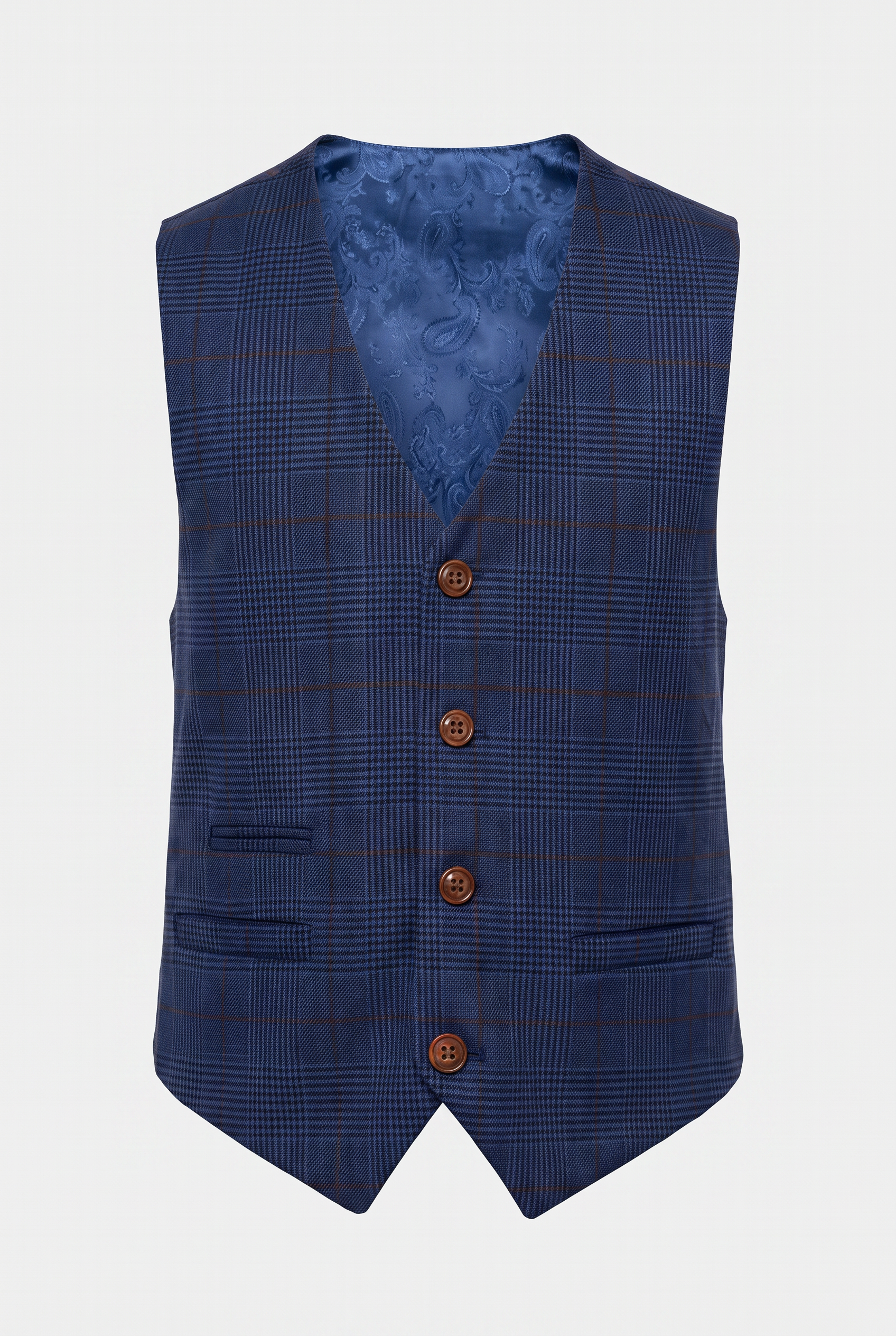 Boys Tweed Check Tailored Fit Navy Suit - ALEX - Royal Blue Waistcoat Picture