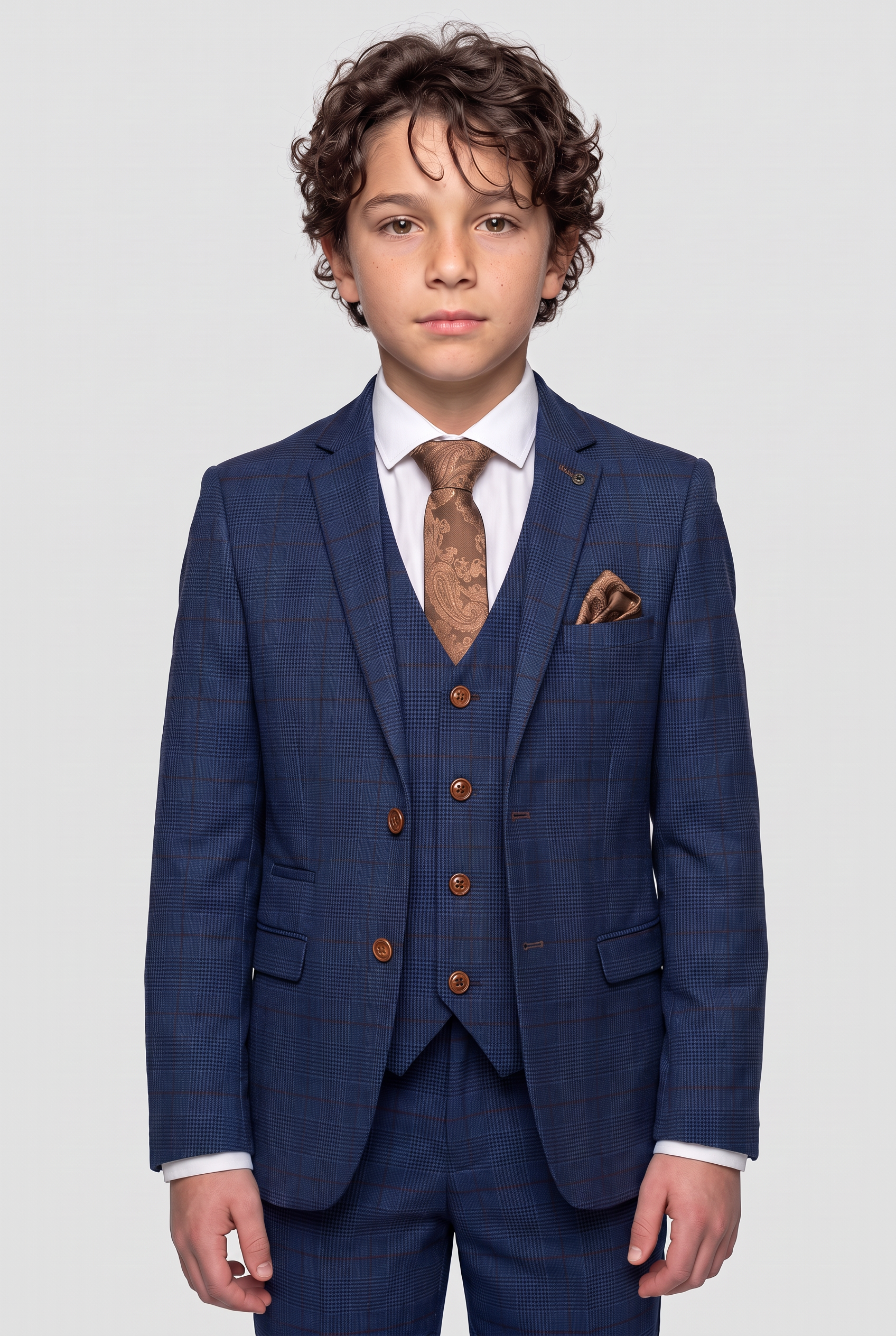 Boys Tweed Check Tailored Fit Navy Suit - ALEX - Royal Blue Front Picture