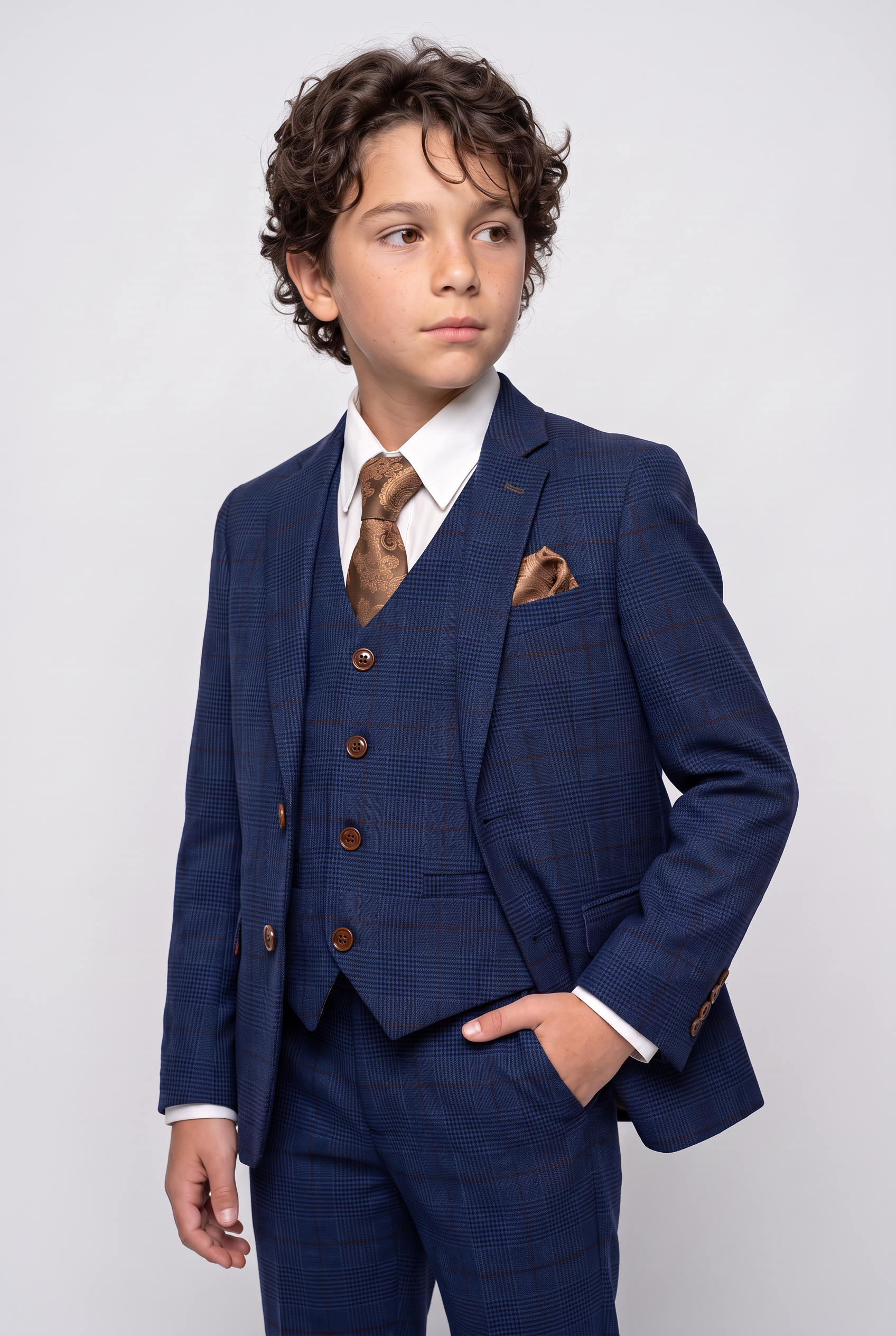 Boys Tweed Check Tailored Fit Navy Suit - ALEX - Royal Blue Model Picture