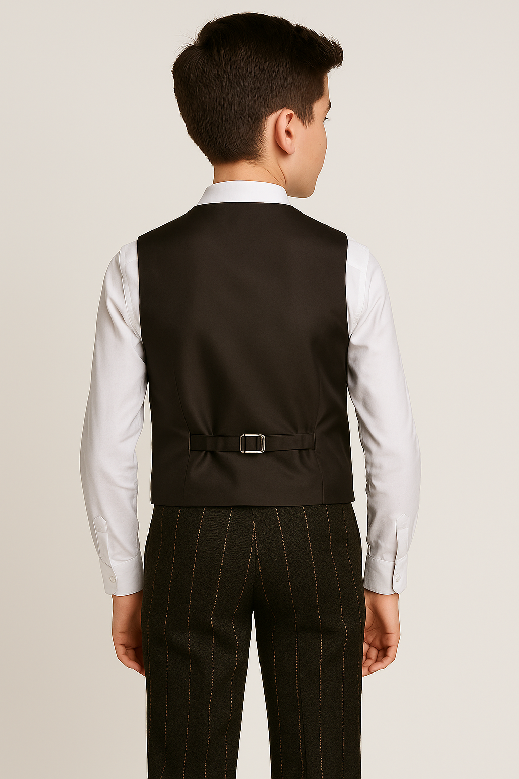 Boys Tweed Pinstrip Dark Brown Waistcoat Suit Set back picture