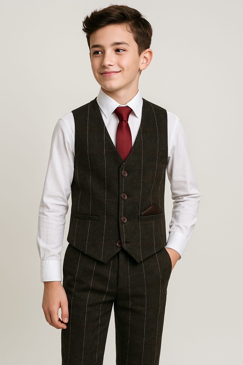 Boys Tweed Pinstrip Dark Brown Waistcoat Suit Set model picture