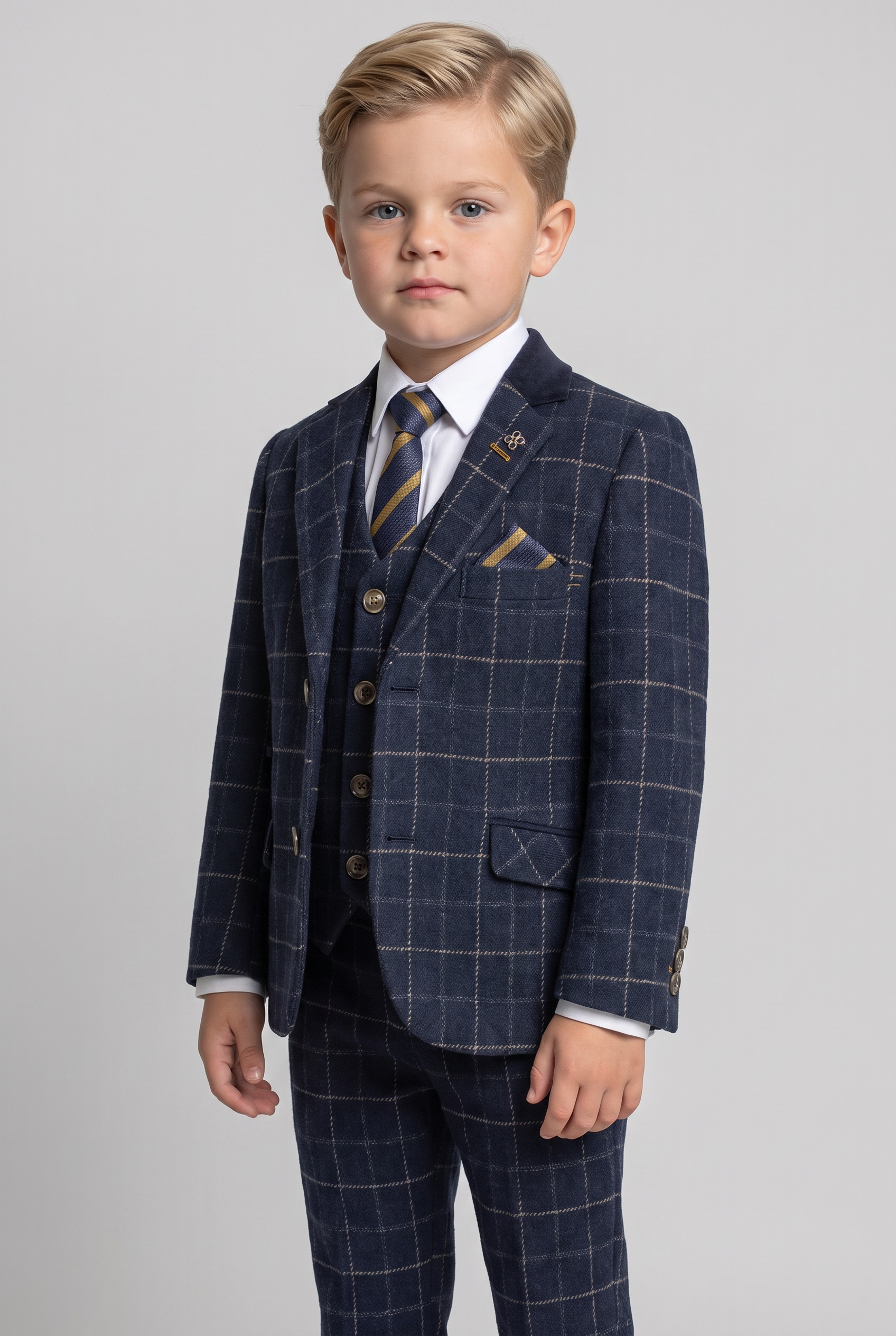 Boys Tweed Windowpane Check Slim Fit Suit - SHELBY - Navy Blue