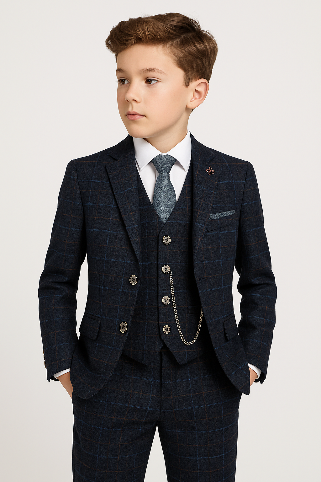 Boys Tweed Windowpane Check Suit - CODY Blue - Navy Blue