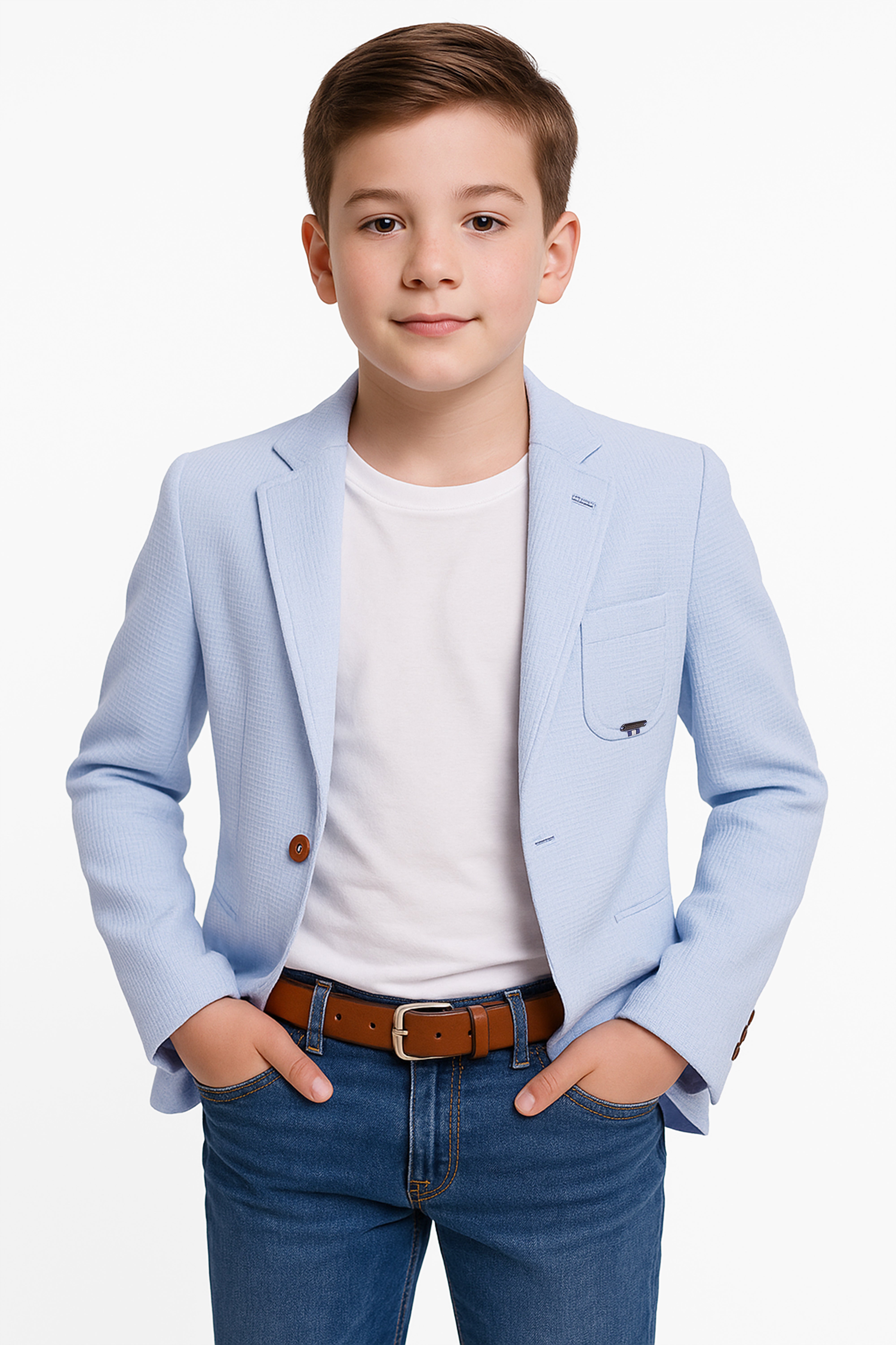 Boys Twill Single Breasted Slim Fit Blazer - TERRY - Sky Blue Model Picture