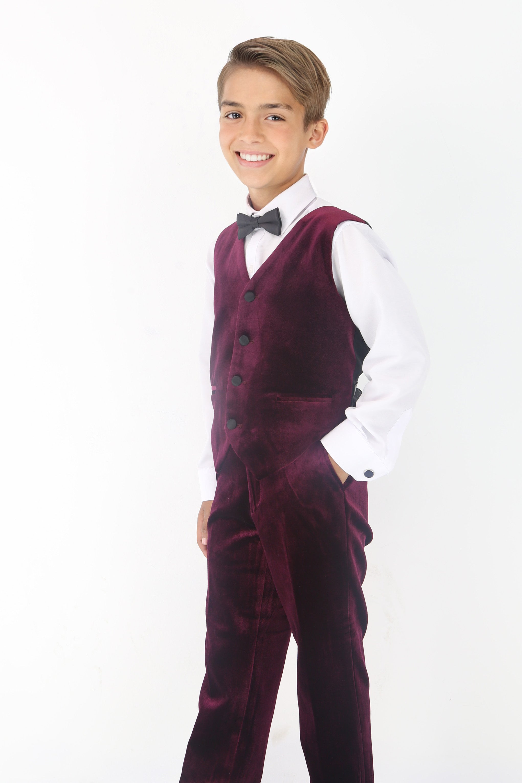 Boys' Velvet Suit with Satin Shawl Lapels - EC103 - Burgundy Waistcoat  Side Picture