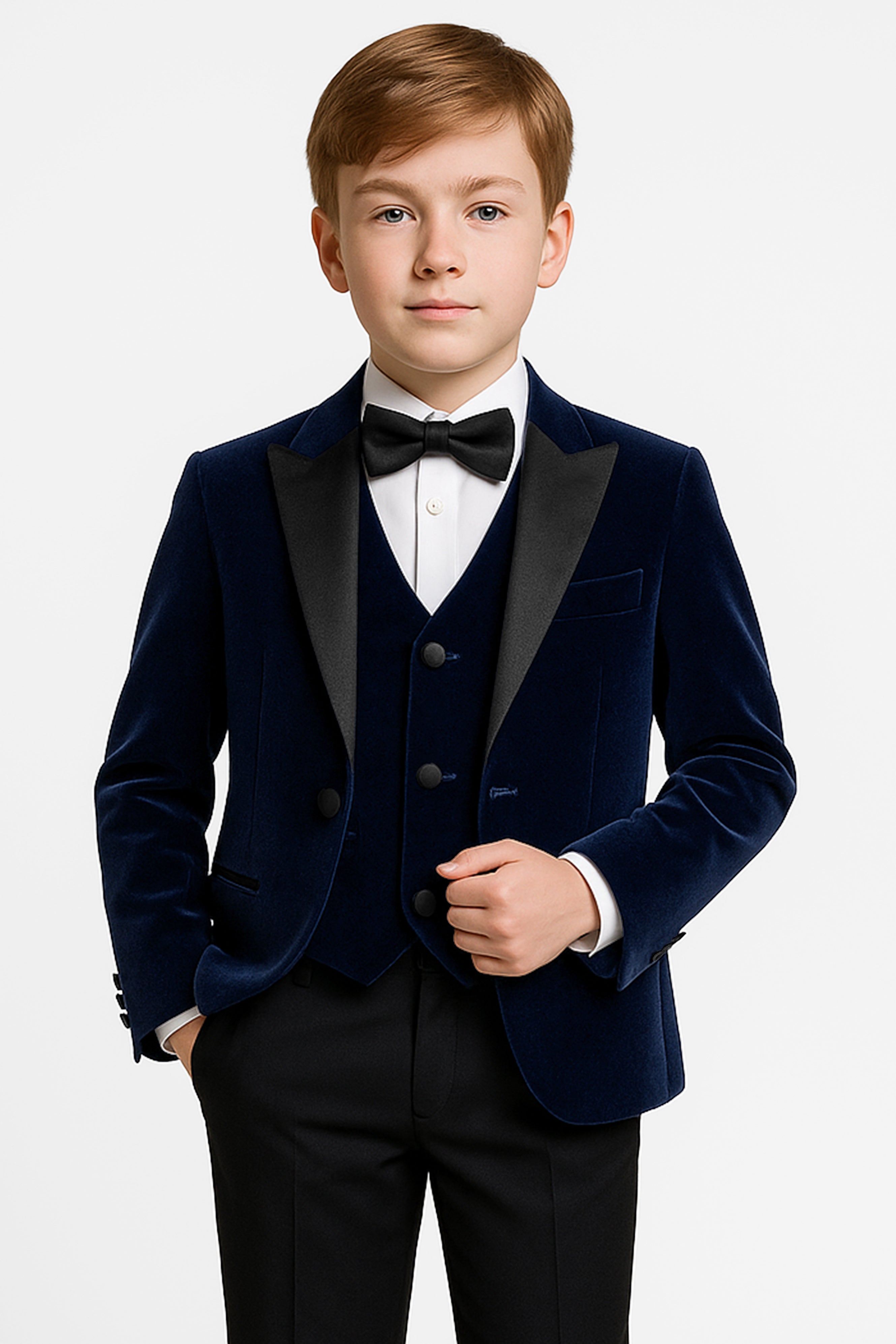 Ensemble de smoking pour garçon en velours et satin à revers - 3 et 5 pièces - MAYFAIR - Bleu marine