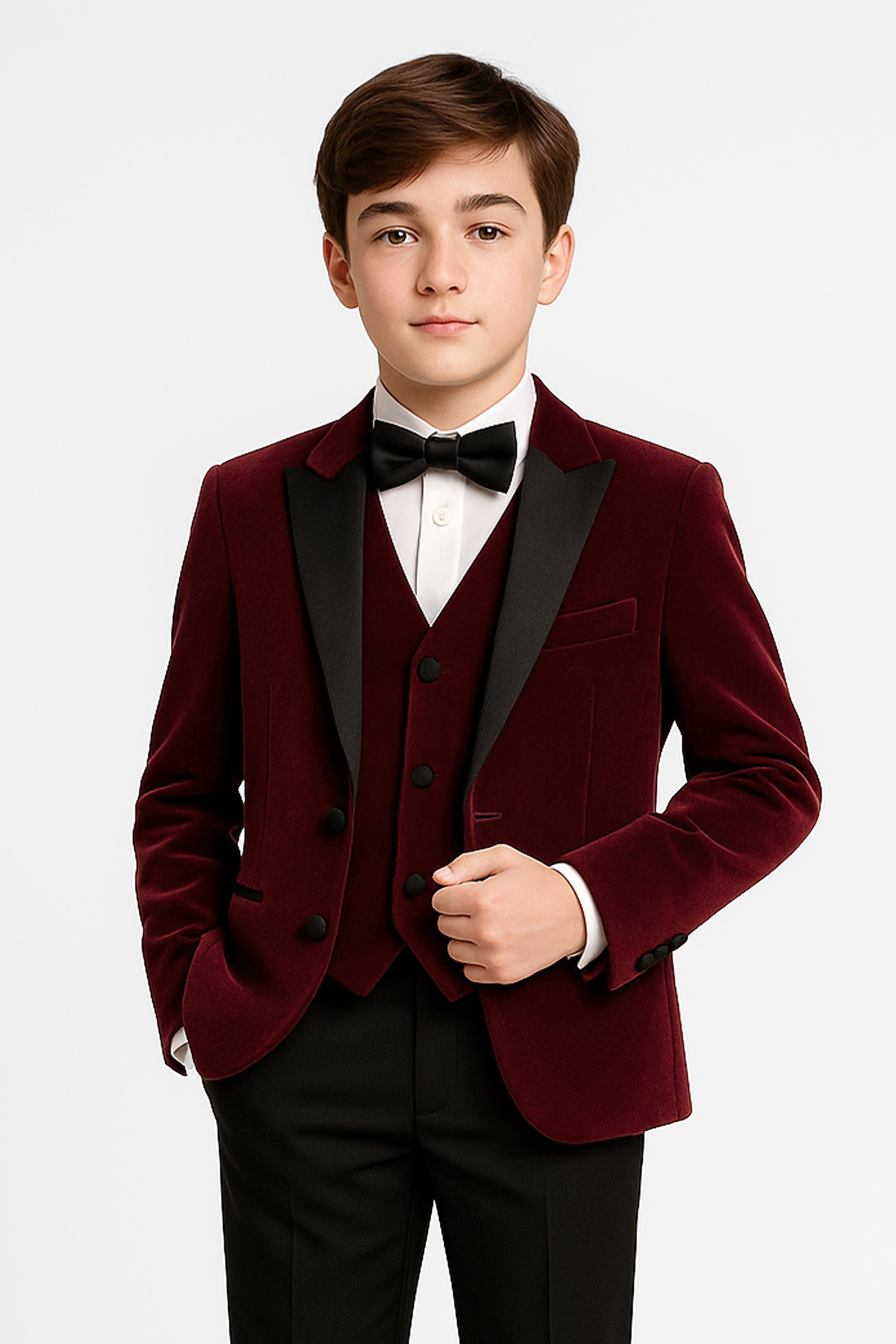 Ensemble de smoking pour garçon en velours et satin à revers - 3 et 5 pièces - MAYFAIR - Bordeaux