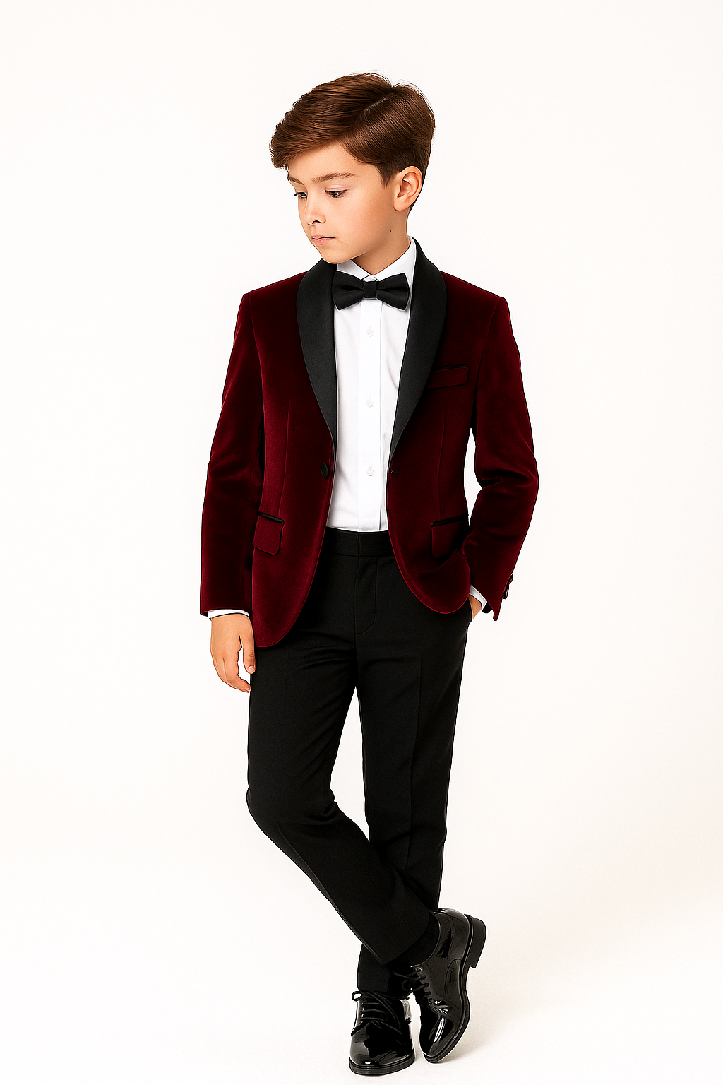 Boys Velvet Tuxedo Blazer Set - KINGSMAN - Burgundy Modle Front Picture