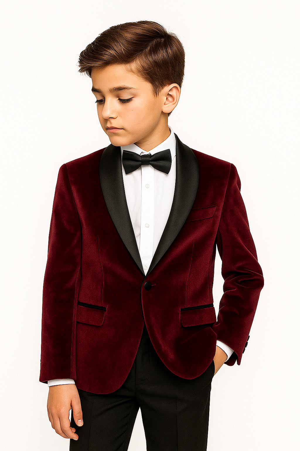 Boys Velvet Tuxedo Blazer Set - KINGSMAN - Burgundy Model Picture