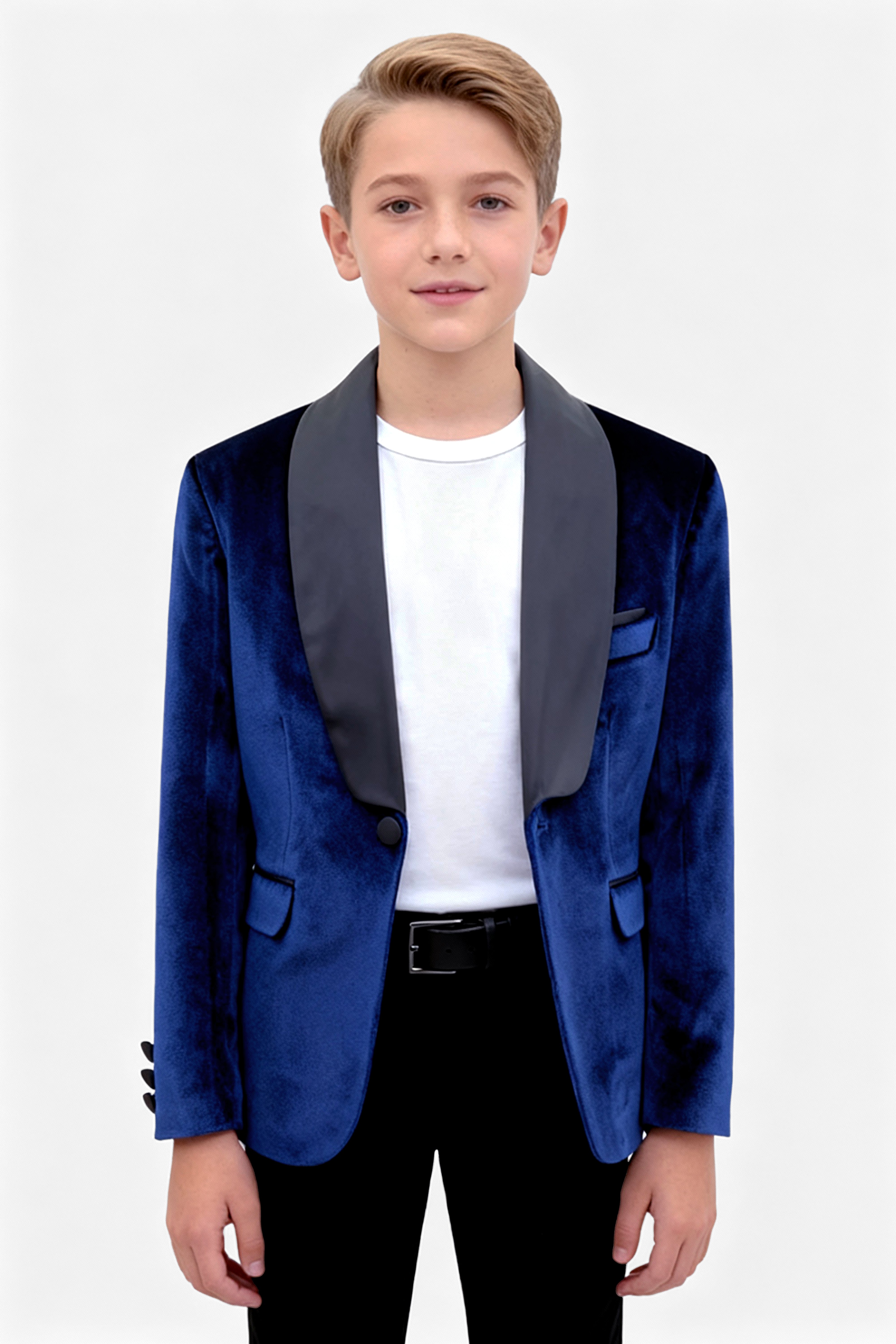 Boys Velvet Tuxedo Blazer Set - KINGSMAN - Navy Blue Model Picture