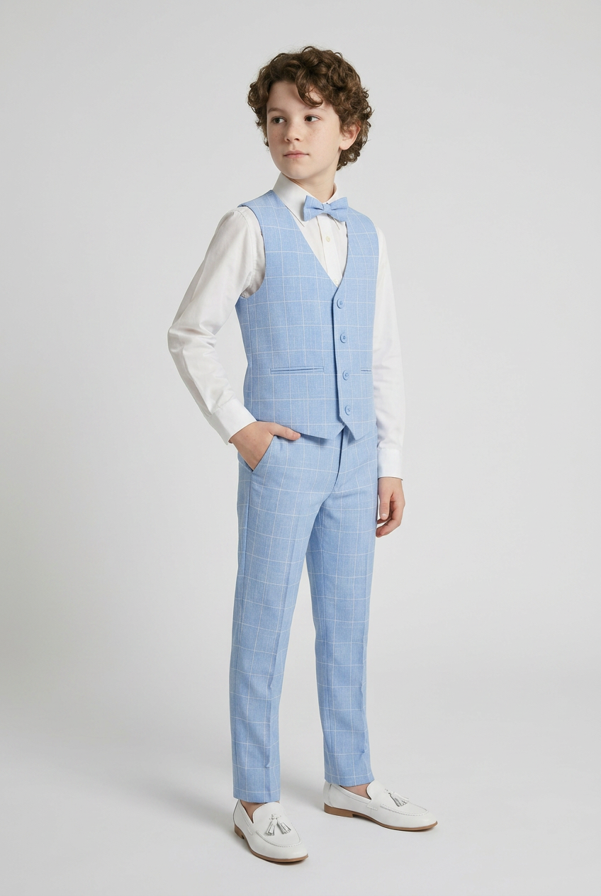 Ensemble gilet bleu à carreaux pour garçon - E-SAM - Bleu