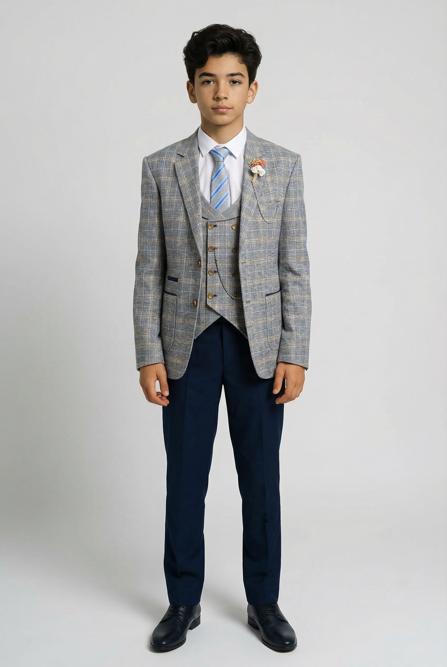 Jungen Windowpane Karo Slim Fit Anzug - Blau