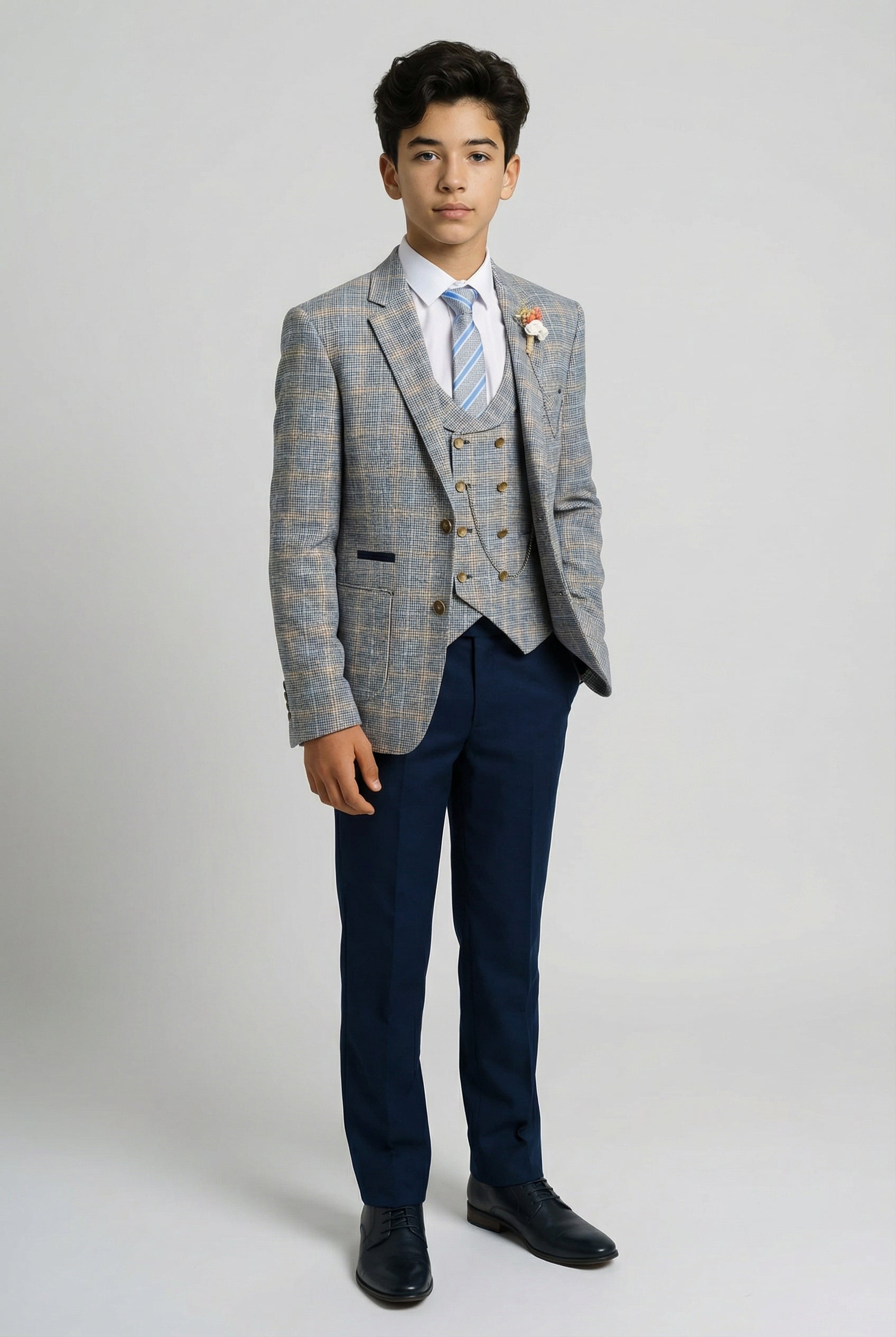Jungen Windowpane Karo Slim Fit Anzug - Blau