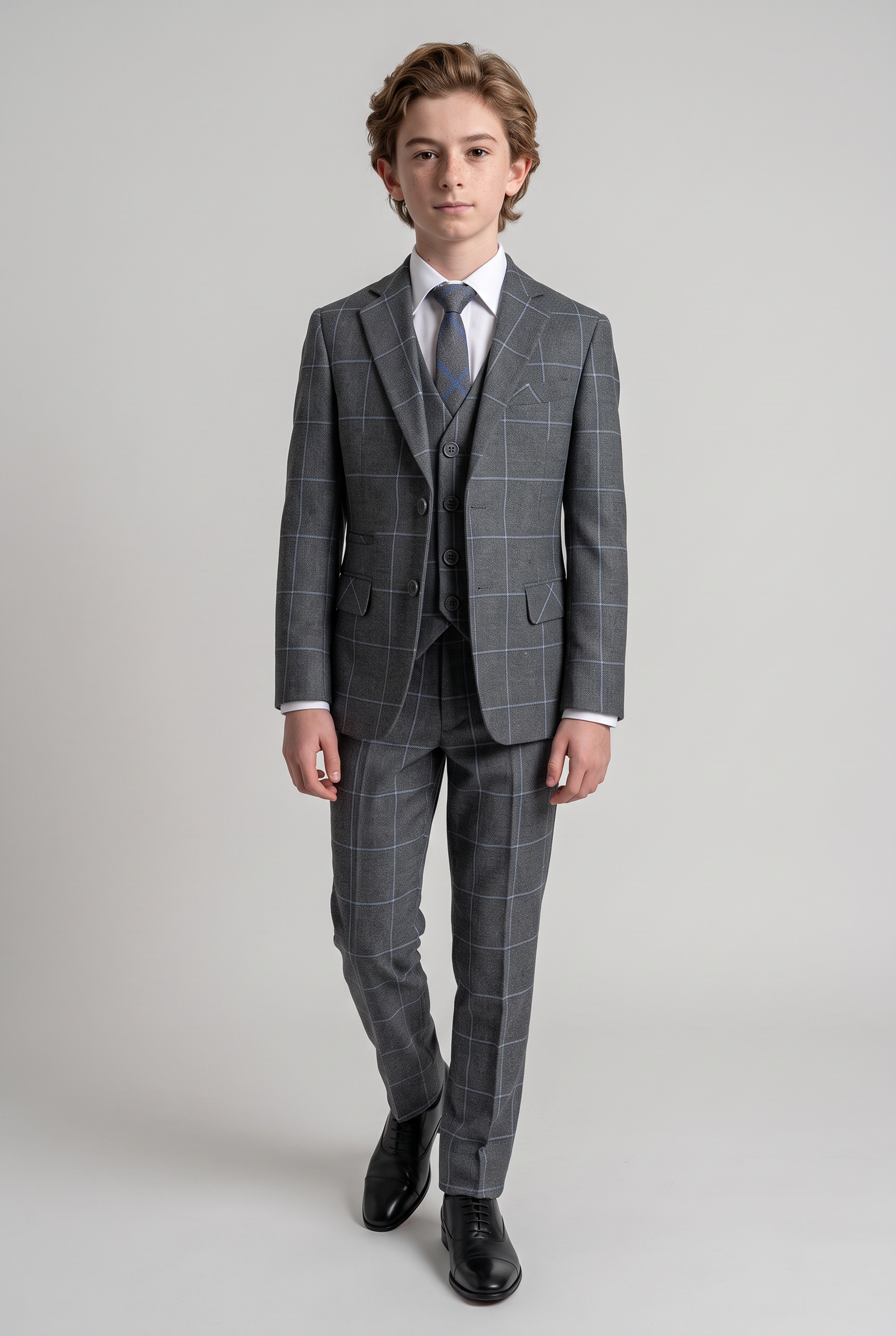 Traje ajustado de cuadros ventana para niños - Gris - Azul